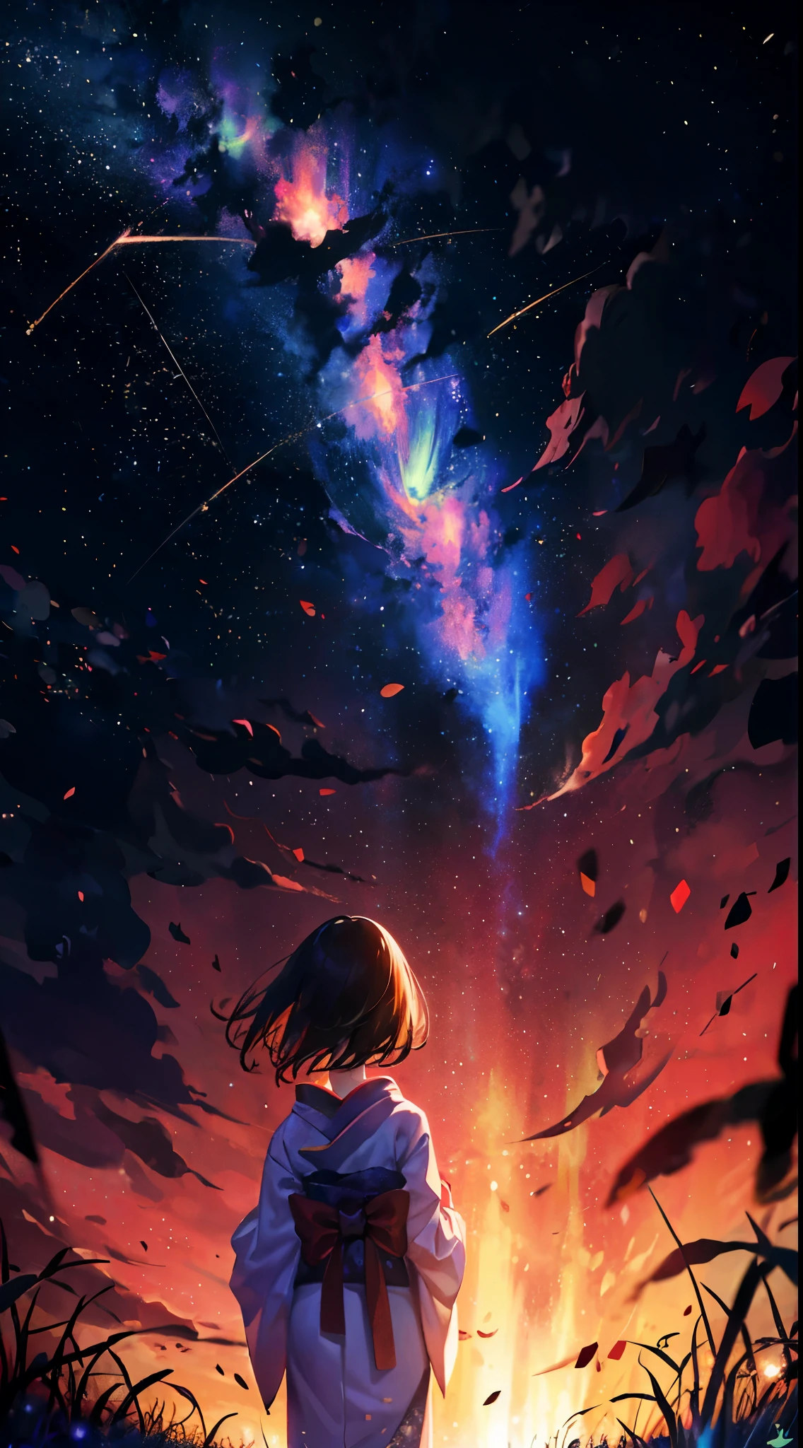 1girl, distant girl wearing a kimono staring at the stars, (zoomed out:1.1), (meteor shower:1.2), (comet:1.1), your name, low angle, from behind, aroura borealis, shooting star, yukata, red kimono, cherry blossoms, standing in a field,best quality, masterpiece, cloud,colorful, starry,stars,