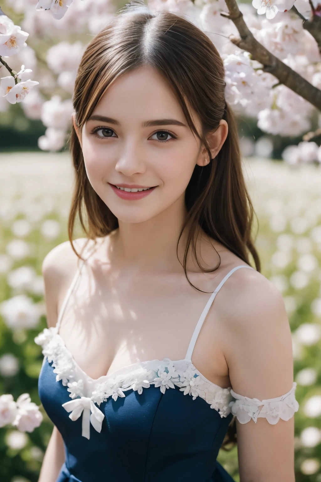 Masterpiece, Best quality, 8k, 18 ans, Photo brute, absurdes, Award-winning portrait, sourire, sourire, pure, french, elegant vibrant blue dress, spring, orchard in bloom, laces, famous singer, cute