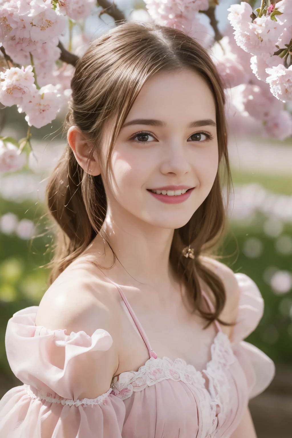 Masterpiece, Best quality, 8k, 18 ans, Photo brute, absurdes, Award-winning portrait, sourire, sourire, pure, french, elegant vibrant pink dress, spring, orchard in bloom, laces, famous singer, cute, sweet, cherry lips