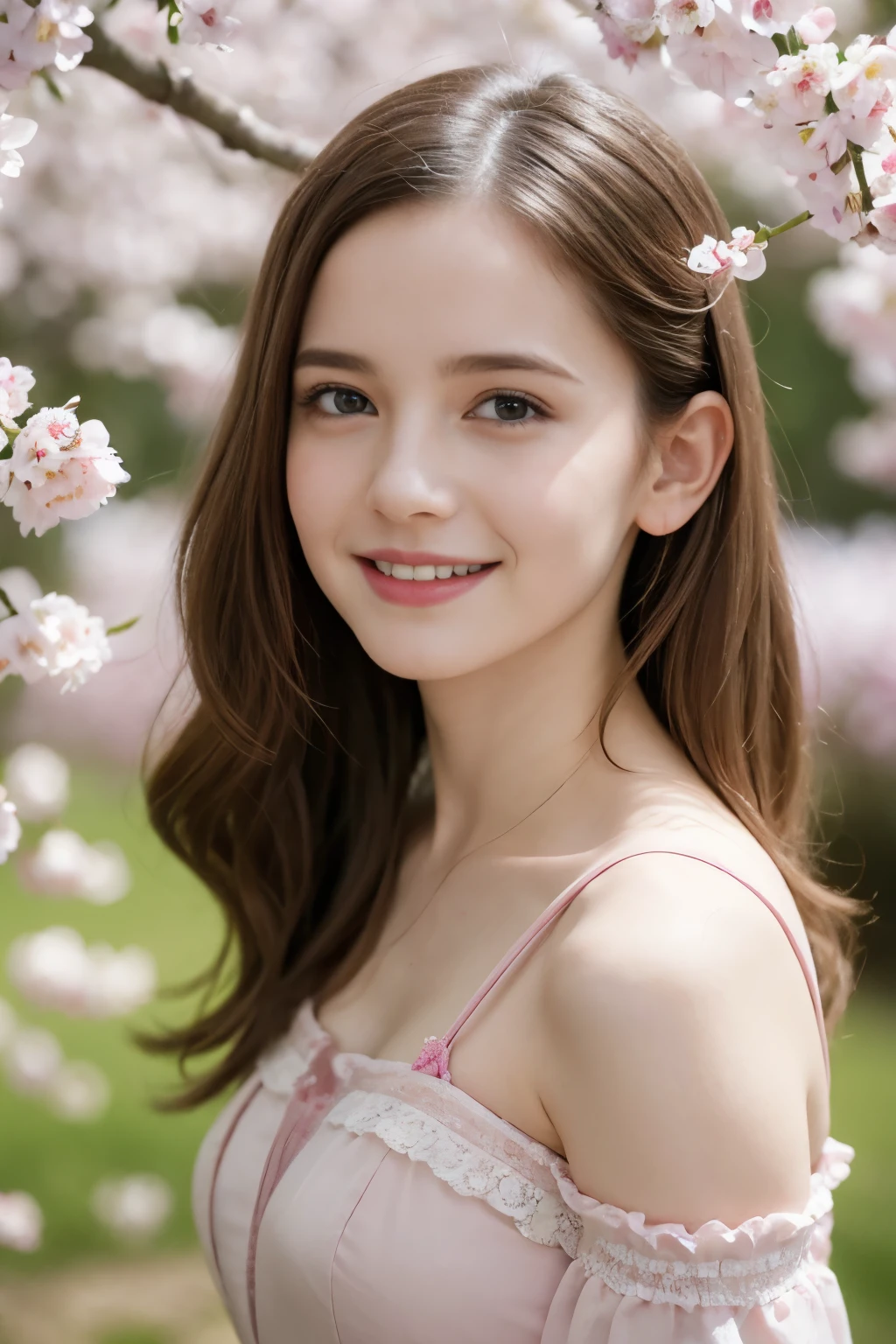 Masterpiece, Best quality, 8k, 18 ans, Photo brute, absurdes, Award-winning portrait, sourire, sourire, pure, french, elegant vibrant pink dress, spring, orchard in bloom, laces, famous singer, cute, sweet, cherry lips