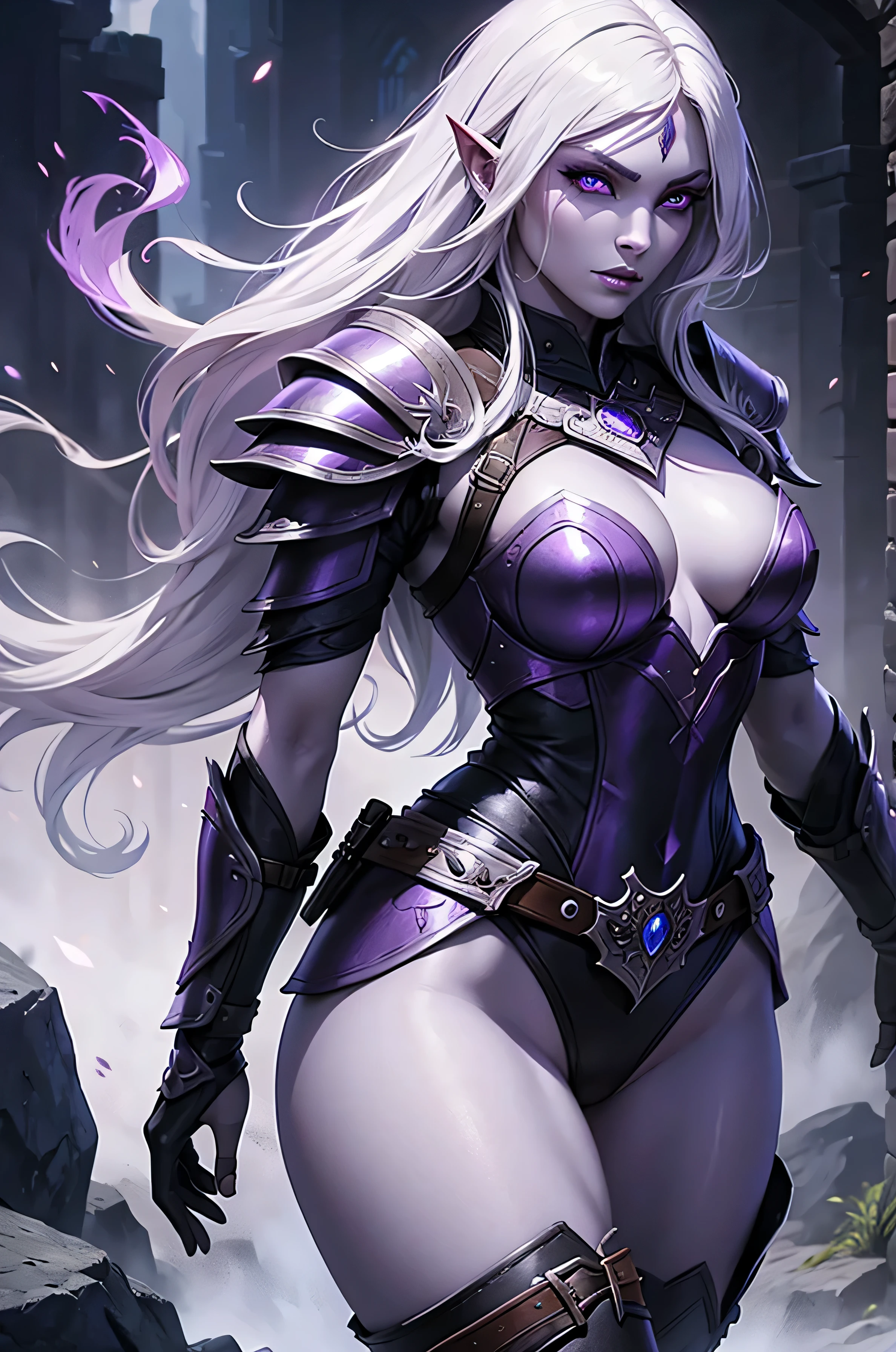 guerreira drow feminina, armadura de couro sexy, lilac eye, cabelo longo branco