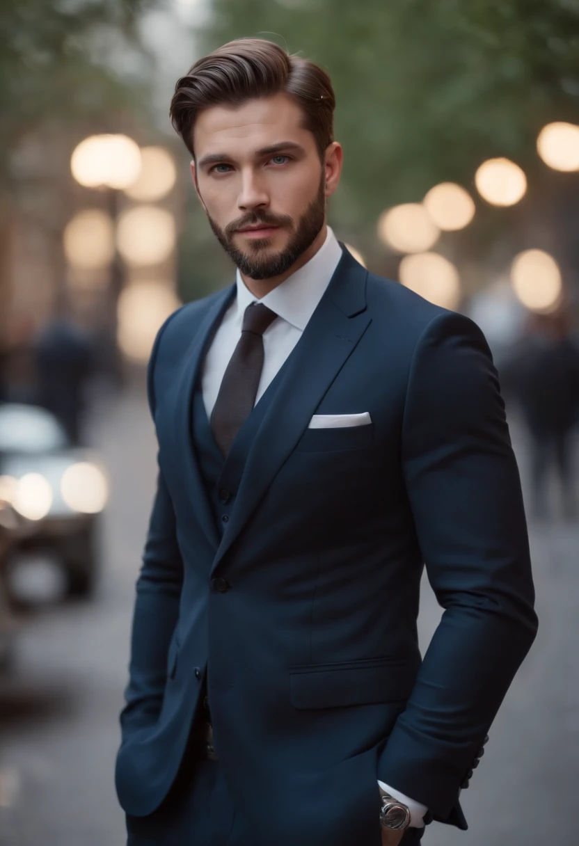 (best quality,4k,8k,highres,masterpiece:1.2),ultra-detailed,(realistic,photorealistic,photo-realistic:1.37),handsome man in a suit,gorgeous beard,short hair,sexy executive man,black suit,dark lighting,great posture,confident expression,stunning facial features,sharp dress shoes,city background,vivid colors,professional photography style,subtle color grading, Full length