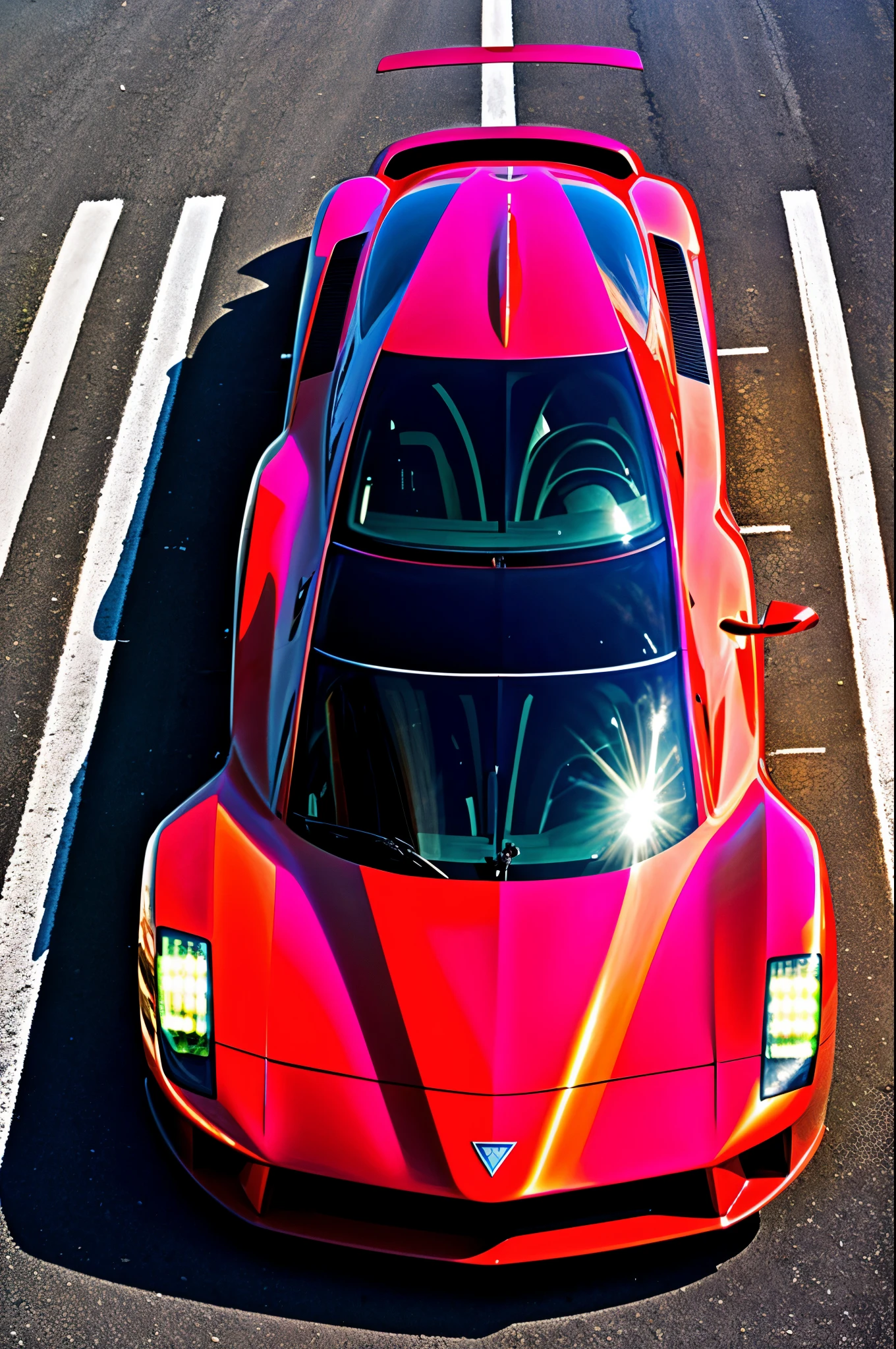 carro veloz vermelho, estrada bonita, futurista, realista, Cubist Futurism, Hyperrealism, chiaroscuro, cinematic lighting, chromatic aberration, backlighting, optical illusion, speed lines, Wide-Angle, Eye-Level Shot, vanishing point, from above, sideways, UHD, super detail, high quality, award winning, best quality, highres