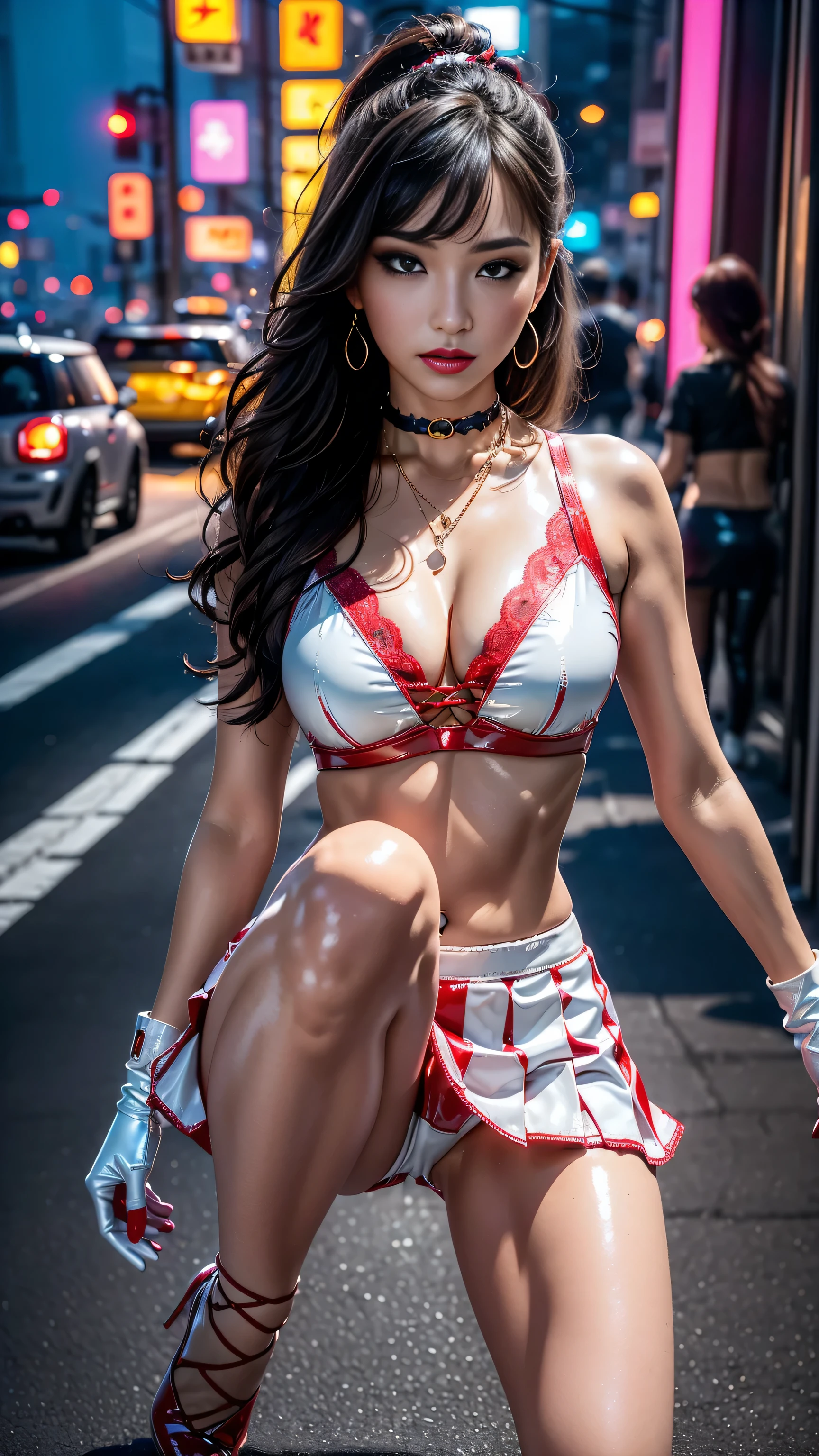 ((masterpiece))、((Ultra-realistic最high quality、 8K、 The ultra -The high-definition))、(photorealistic:1.66)、(Realistic:1.6)、 ((absurdres))、 Super beautiful、(Body, Fit Sexy Uniform)、(Luxurious shiny latex:1.4)、((white PU leather Crop Top:1.42))、((white eye-catching latex lace-up over-the-knee boots:1.3)), (Underwear White Sexy Bikini Super Ultra Small), (luxury red latex:1.25)、((Red-white pleated mini skirt:1.4))、18 years old、((wearing white gloves))、cute girl、(sharp focus)、(perfect female body:1.4)、(Super beautiful body)、(beautiful detailed face:1.5)、(detailed eyes:1.45)、(detailed lips:1.35)、(Detailed nose:1.25)、(Increase quality:1.22), (best quality real texture skin:1.28), (finely detailed eyes), (perfect proportions)、(((shot to the knees:1.4))), ((Fearless look))、narrow waist、((Beautiful girl with long legs and good style:1.4))、beautiful feet、(long hair:1.33)、((firm normal full breasts:1.3))、((sexy butt))、(Standing facing the front:1.4)、dark shot:1.08、((brown_eyes:1.3))、((dark_eyeshadows:1.65))、 (red_lipstick:1.35)、((perfect round eyes))、(pink_makeup:1.4)、(matte skin:1.42)、(chain choker:1.3)、((cros necklace:1.4))、earrings:1.4、1 screen display、(Beautiful night view of Cyberpunk City:1.28), UHD