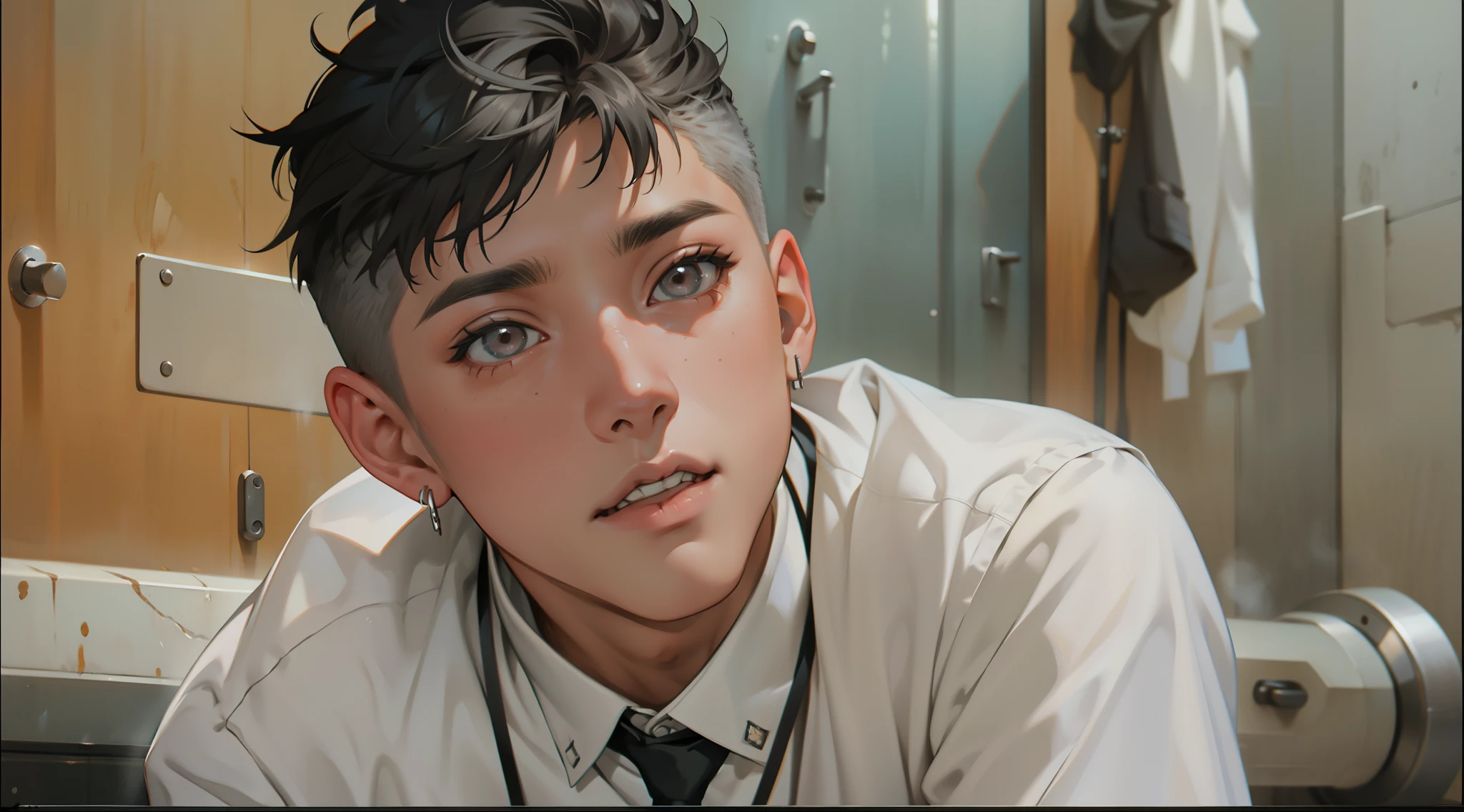 There are two boys, beautiful young man of 18 years old, silver hair and gray eyes.. hace diferentes expresiones, esta asombrado esta disgustado esta enojado y esta  sientiendo miedo