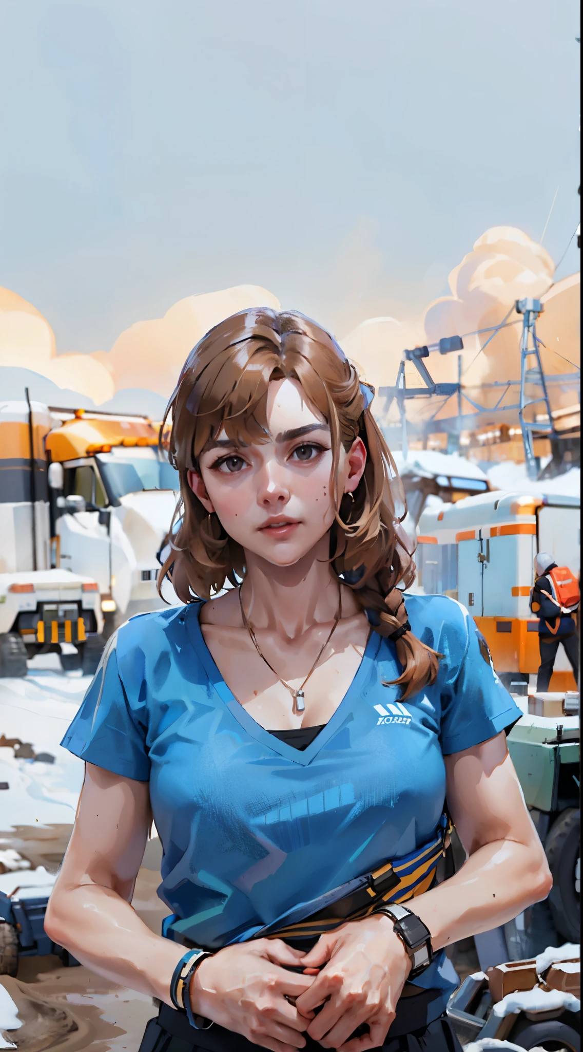A girl with light brown hair in a tracksuit, athlete against the background of space mines and miners, a woman in a blue shirt and black skirt stands near a mine, Victoria Havrylenko, avatar image, Alexandra Valishevskaya, profile photo, Professional photography, Emily Raitkowski, Yelena Belova, vacation photos, portrait of Sanna Marin, Angelina Stroganova, photo taken in 2 0 2 0, nft-portrait