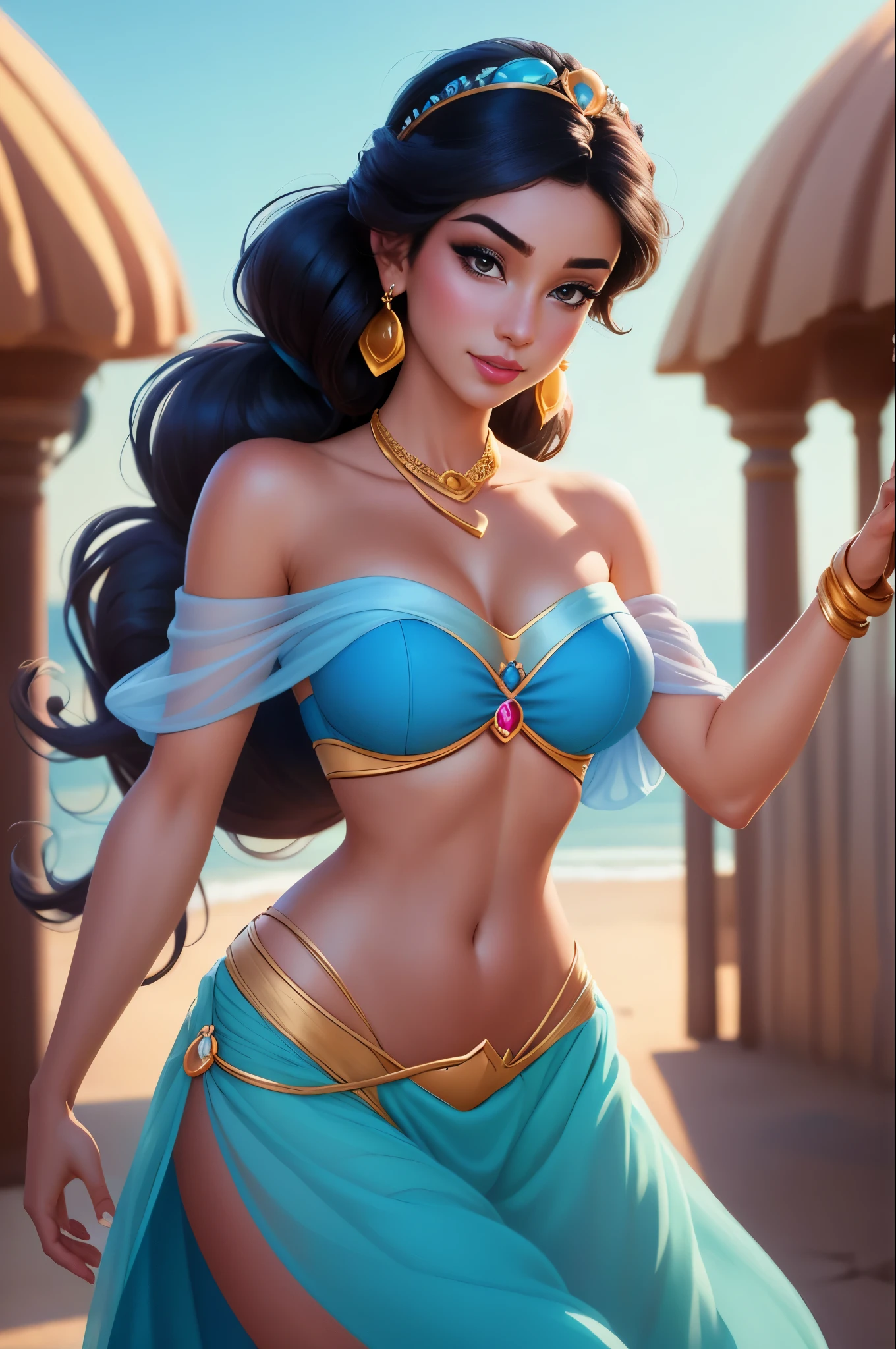 jasmine 1girl, solo, breasts, navel, bare shoulders, midriff, pants, necklace, off shoulder, bracelet, see-through, gem, off-shoulder shirt, multi-tied hair, arabian clothes, blue sarong, ((1 girl)), Masterpiece, (high quality, best render), (beautiful girl, jasmine), (bomb, pin-up style), hot, floss, perfect body, 4k hd, disney princess, beautiful female princess, anime princess, hd artwork, official art, disney cartoon, beautiful princess, large breasts, sexy pose, beautiful princess, beautiful character painting, disney character, disney artist, disney art style, disney art, official art