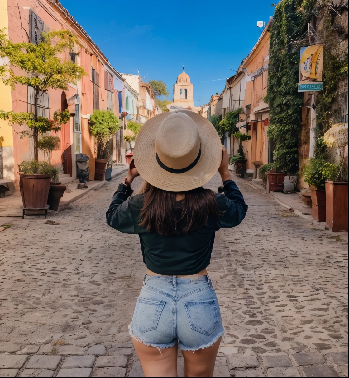 one beautiful woman, oval face, senseful lips, closed mouth, big brown eyes, 30 years old, slim sporty body, middle size breast, she is in a colonial colorful mexican town, sunny, deep blue sky 3/4 body, slightly side view, wears jeans and rancho shirt, clothes are whole and consitant, no text, sunny weather, backgorund blurred, sefie shot, cinematic lighting, motion blur, film grain, very detailed, 30 years, natural wave hair, dark brown eyes, high-res, masterpiece, best quality, intricate details, highly detailed, sharp focus, detailed skin, realistic skin texture, texture, detailed eyes, professional, 4k, 85mm, shallow depth of field, kodak color vision, perfect fit body, extremely detailed, photo_\(ultra\), photorealistic, realistic, post-processing, maximum detail, roughness, real life, ultra realistic, photorealism, photography, 8k uhd, photography (grain of film) medium shot for closeup shot, longer slimer face, perfect face, no hands are visible, long beautiful hair, dark brown hair, perfect face, charming deep eyes, flirty eyes, long hair, round heaps, (dark brown hair):2.5