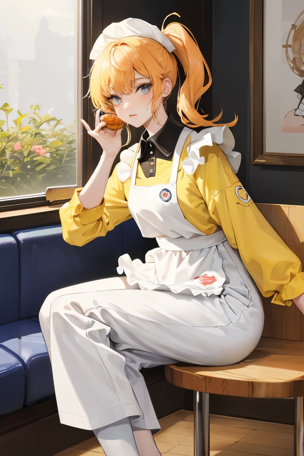 Help me create an avatar of the Female Chicken McNugget Man. small prior sequence:

A feminine embodiment of the beloved fast-food icon, Chicken McNugget Man, merges quirky charm with a captivating visual appeal.

Cross-legged in a meditative position, she dons a white apron adorned with the iconic golden arches emblem. Her attire includes white pants and a white chef's hat, both sporting small McNugget prints to maintain her origin.

Beneath her apron, she wears a pale yellow shirt and a red polo collar, tucked neatly into her pants. Her long
