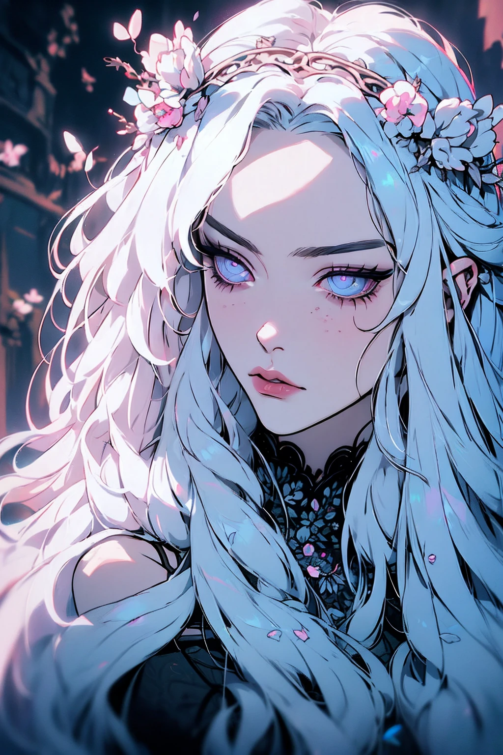 hyper-realistic of a mysterious woman with flowing silver hair, piercing opal eyes, and a delicate floral crown, , upper body