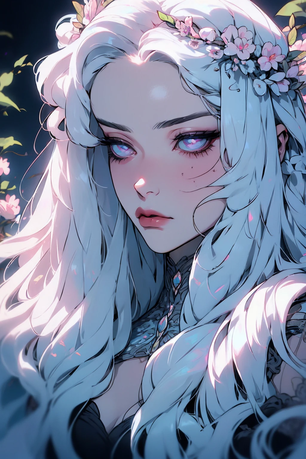 hyper-realistic of a mysterious woman with flowing silver hair, piercing opal eyes, and a delicate floral crown, , upper body