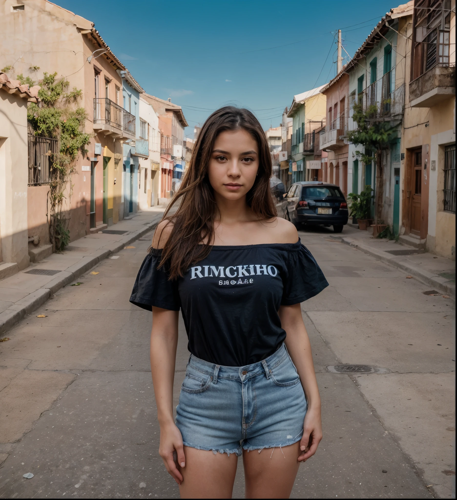 one beautiful woman, oval face, senseful lips, closed mouth, big brown eyes, 30 years old, slim sporty body, middle size breast, she is in a colonial colorful mexican town, sunny, deep blue sky 3/4 body, slightly side view, wears jeans and rancho shirt, clothes are whole and consitant, no text, sunny weather, backgorund blurred, sefie shot, cinematic lighting, motion blur, film grain, very detailed, 30 years, natural wave hair, dark brown eyes, high-res, masterpiece, best quality, intricate details, highly detailed, sharp focus, detailed skin, realistic skin texture, texture, detailed eyes, professional, 4k, 85mm, shallow depth of field, kodak color vision, perfect fit body, extremely detailed, photo_\(ultra\), photorealistic, realistic, post-processing, maximum detail, roughness, real life, ultra realistic, photorealism, photography, 8k uhd, photography (grain of film) medium shot for closeup shot, longer slimer face, perfect face, no hands are visible, long beautiful hair, dark brown hair, perfect face, charming deep eyes, flirty eyes, long hair, round heaps, (dark brown hair):2.5