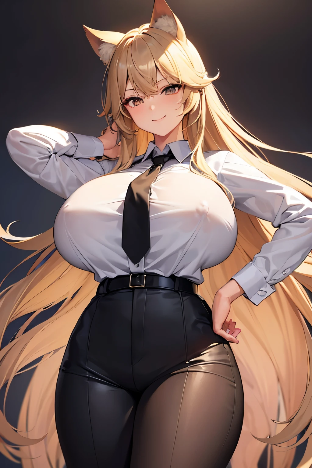 (masterpiece), (best quality), (highly detailed), 1girl, solo, (gigantic breasts:1.3), blonde hair, long messy hair, brown eyes, grinning, cat ears, standing, white shirt, black coat, black pants, nipples poking through shirt, white shirt, top, upper top, black sleeves, black business tie