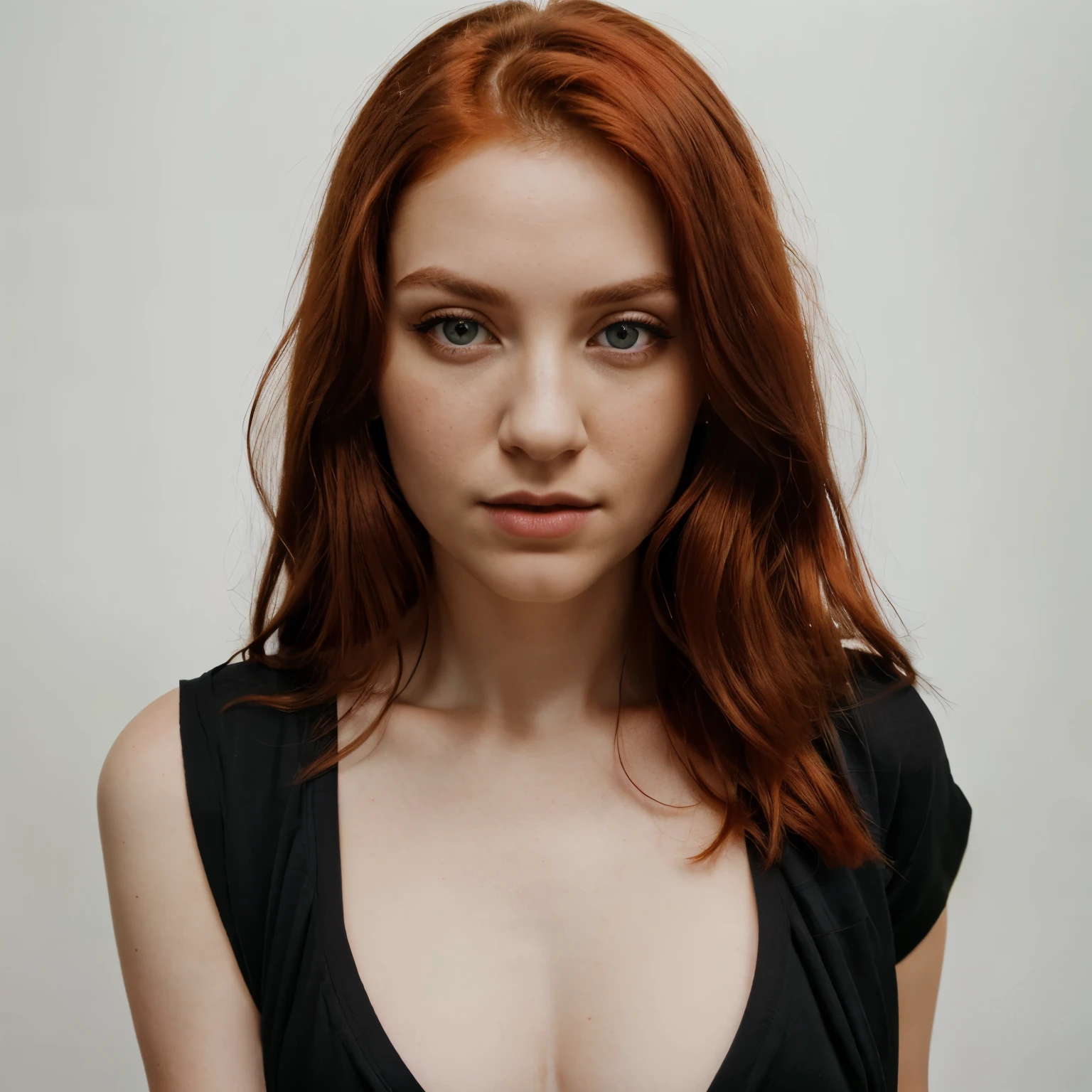 front view, looking at camera, RAW photo,((black shirt:1.2)), ((portrait)),beautiful red hair 30 years old woman, green eyes, perfecteyes eyes, ((white background:1.2)), studio lighting, high quality, film grain, Fujifilm XT3, centralized