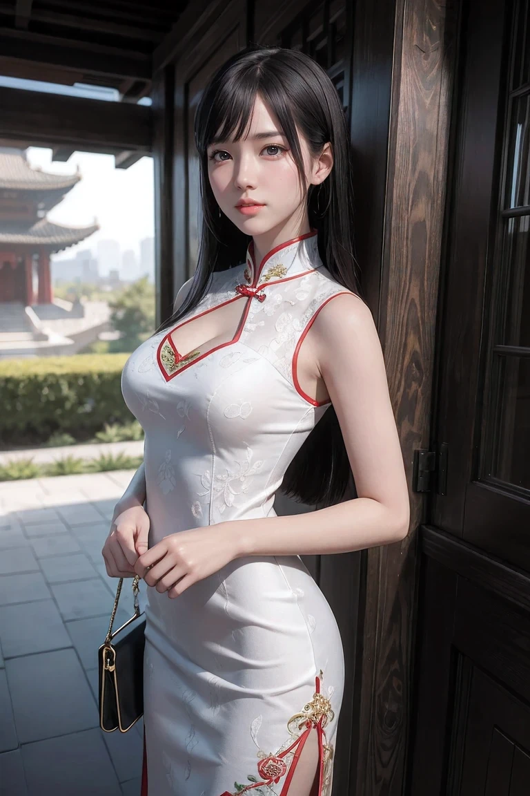 (Unity 16K Wallpaper, Masterpiece, Best Quality, Ultra-Detailed, Extremely Detailed CG, Beautiful Detailed Eyes, solo, slender, china dress, chinese clothes, thighs, voluptuous, Chinatown), Ultra High Resolution, fine skin、sexy, Sweat, 16 years old, smile
