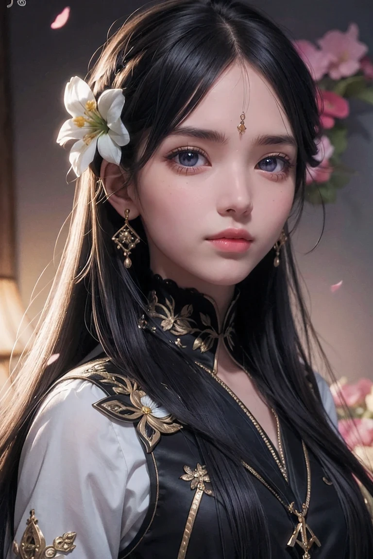 1 girl,black eyes,long hair,Super accurate depiction,(flowers),multiple colour,HD,Rich in intricate details. 8k,illustration,Crazy colors,