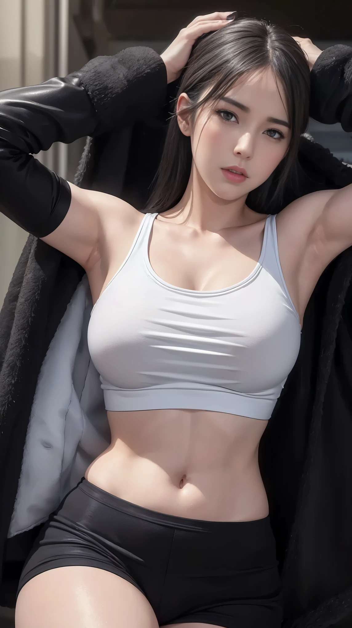 ((realistic face, seductive, adult look, white eyes)), (grey crop top, black underwear, short clothes), (black long hair), (20 years), (1 girl), (4k style)), anatomically correct, masterpiece, 16k, super detail, high quality, big breasts
