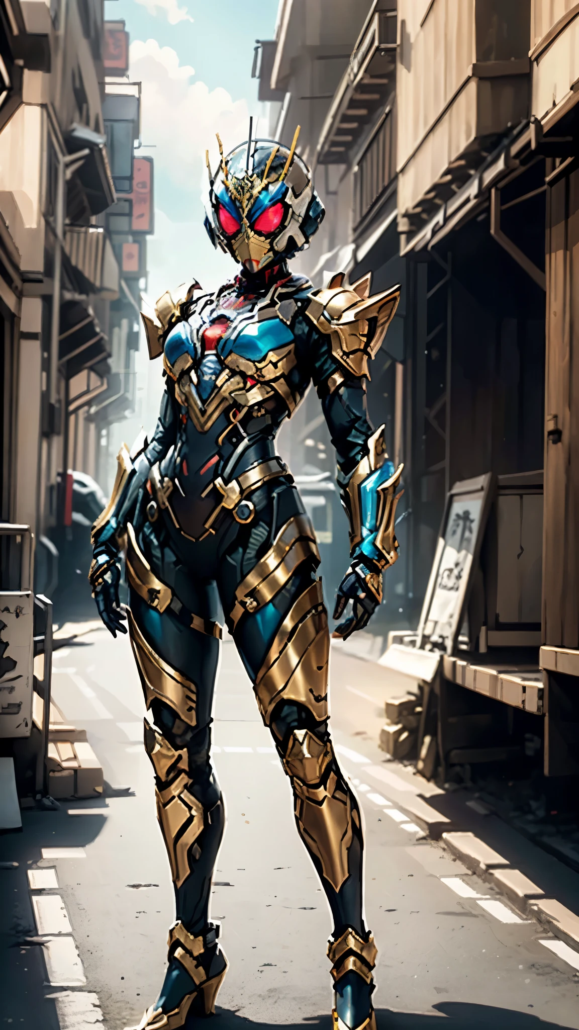 A woman adorned in fantasy-style full-body armor, a crown-concept fully enclosed helmet that unveils only her eyes, a composite layered chest plate, fully encompassing shoulder and hand guards, a lightweight waist armor, form-fitting shin guards, the overall design is heavy-duty yet flexible, (the armor gleams with a golden glow, complemented by red and blue accents), exhibiting a noble aura, she floats above a fantasy-surreal high-tech city, this character embodies a finely crafted fantasy-surreal style armored hero in anime style, exquisite and mature manga art style, (mixture of Queen bee and Spider concept Armor, plasma), ((Element, elegant, goddess, femminine:1.5)), metallic, high definition, best quality, highres, ultra-detailed, ultra-fine painting, extremely delicate, professional, anatomically correct, symmetrical face, extremely detailed eyes and face, high quality eyes, creativity, RAW photo, UHD, 32k, Natural light, cinematic lighting, masterpiece-anatomy-perfect, masterpiece:1.5