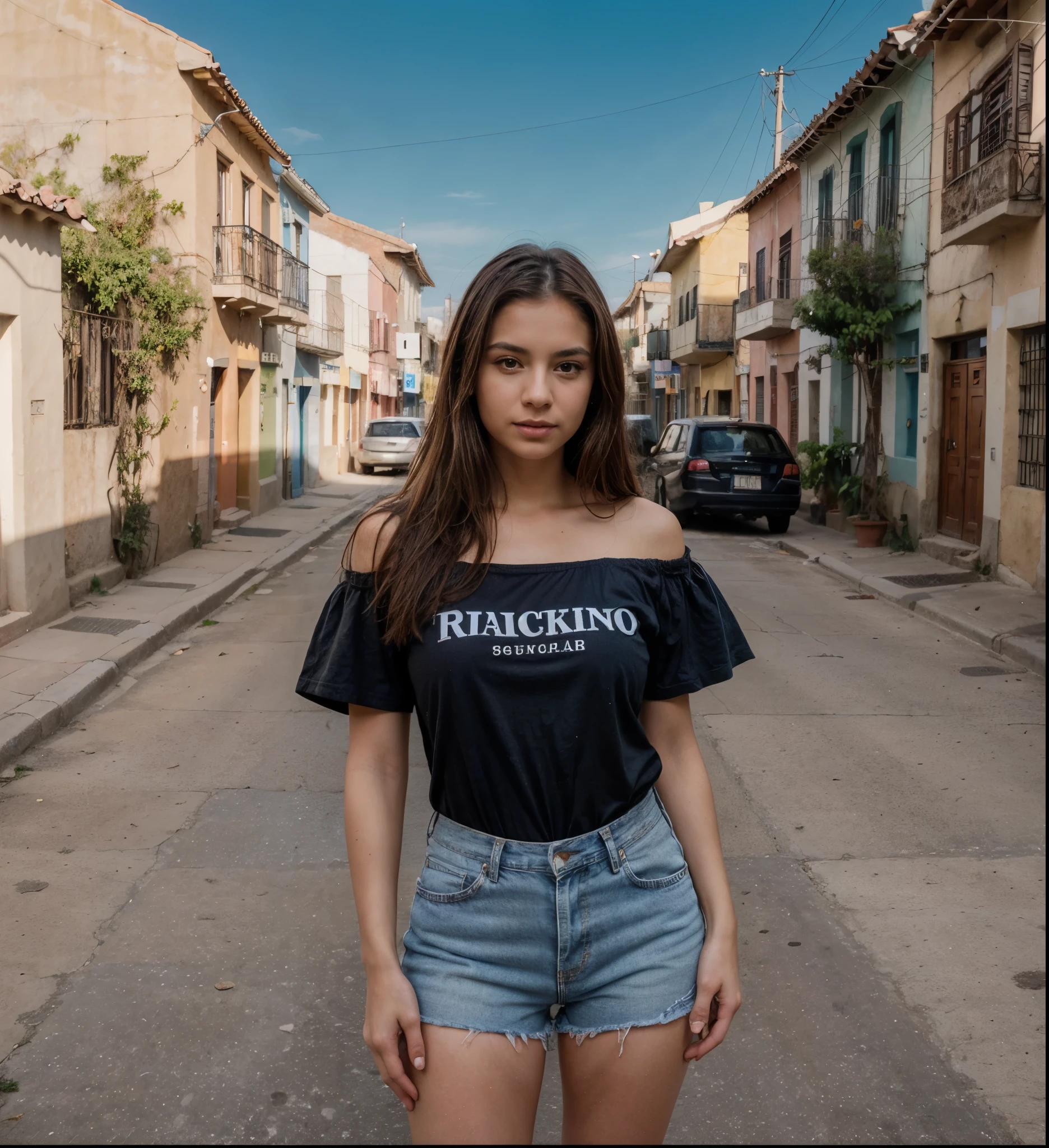 one beautiful woman, oval face, senseful lips, closed mouth, big brown eyes, 30 years old, slim sporty body, middle size breast, she is in a colonial colorful mexican town, sunny, deep blue sky 3/4 body, slightly side view, wears jeans and rancho shirt, clothes are whole and consitant, no text, sunny weather, backgorund blurred, sefie shot, cinematic lighting, motion blur, film grain, very detailed, 30 years, natural wave hair, dark brown eyes, high-res, masterpiece, best quality, intricate details, highly detailed, sharp focus, detailed skin, realistic skin texture, texture, detailed eyes, professional, 4k, 85mm, shallow depth of field, kodak color vision, perfect fit body, extremely detailed, photo_\(ultra\), photorealistic, realistic, post-processing, maximum detail, roughness, real life, ultra realistic, photorealism, photography, 8k uhd, photography (grain of film) medium shot for closeup shot, longer slimer face, perfect face, no hands are visible, long beautiful hair, dark brown hair, perfect face, charming deep eyes, flirty eyes, long hair, round heaps, (dark brown hair):2.5