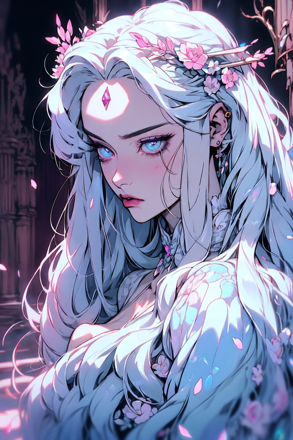 hyper-realistic  of a mysterious woman with flowing silver hair, piercing opal eyes, and a delicate floral crown, backwards, looking back, upper body