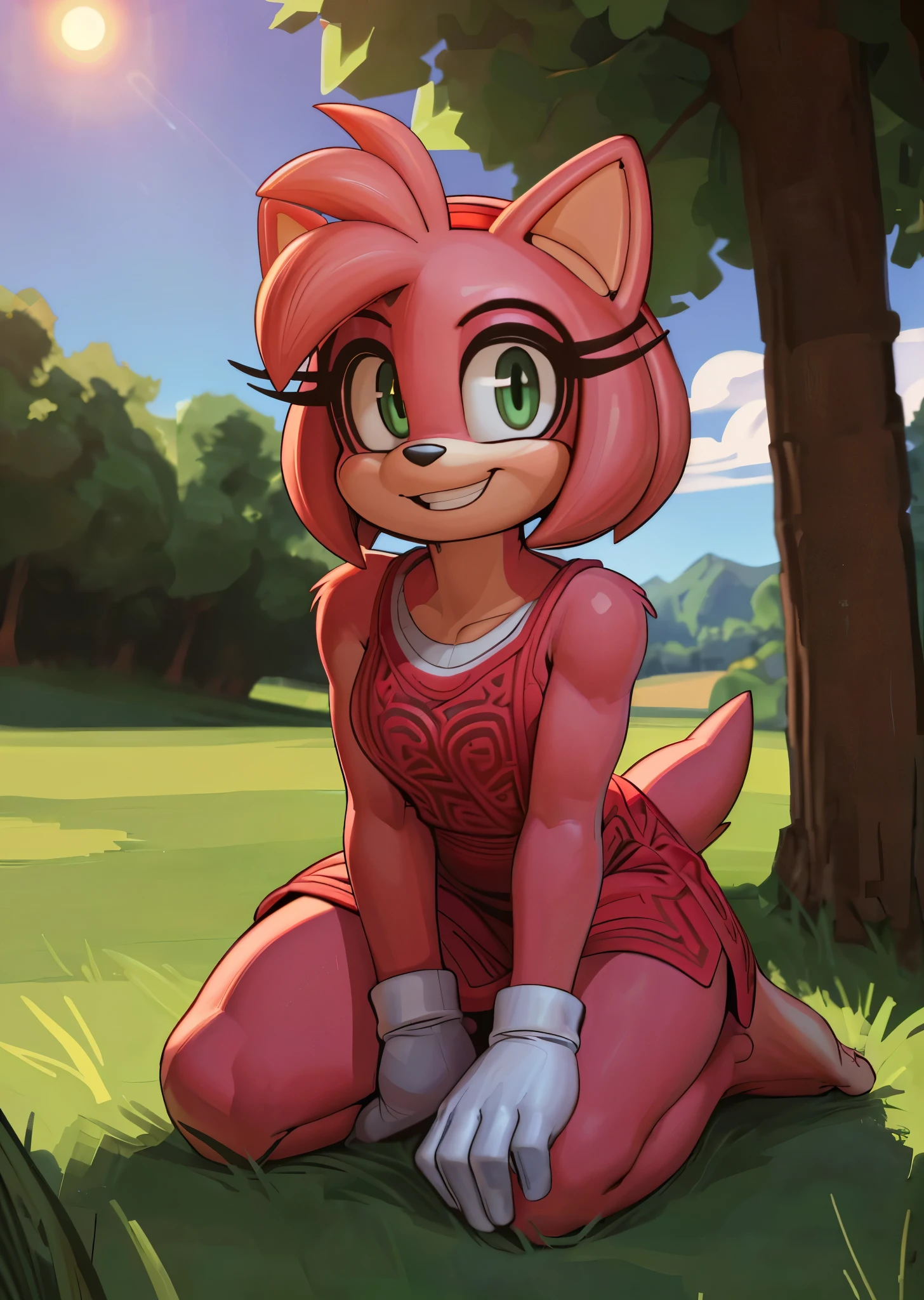 [Amy Rose], [Uploaded to e621.net; (Pixelsketcher), (wamudraws)], ((masterpiece)), ((HD)), ((High res)), ((furry)), ((solo portrait)), ((front view)), ((full body)), ((feet visible)), ((detailed fur)), ((detailed shading)), ((cel shading)), ((beautiful render art)), ((intricate details)), {anthro, pink fur, black nose, animal ears, (cute green eyes), (long eyelashes), (short hair), (hair bang), (curvy hips), (beautiful legs), (beautiful feet), (humanoid feet), (cute smile), (excited expression)}, {(short sleeveless red dress), (white gloves)}, {(kneeling), (all fours), (looking at viewer)}, [background; (park), (grass plains), (trees), (blue sky), (sun rays), (clouds in sky), (ambient lighting)]