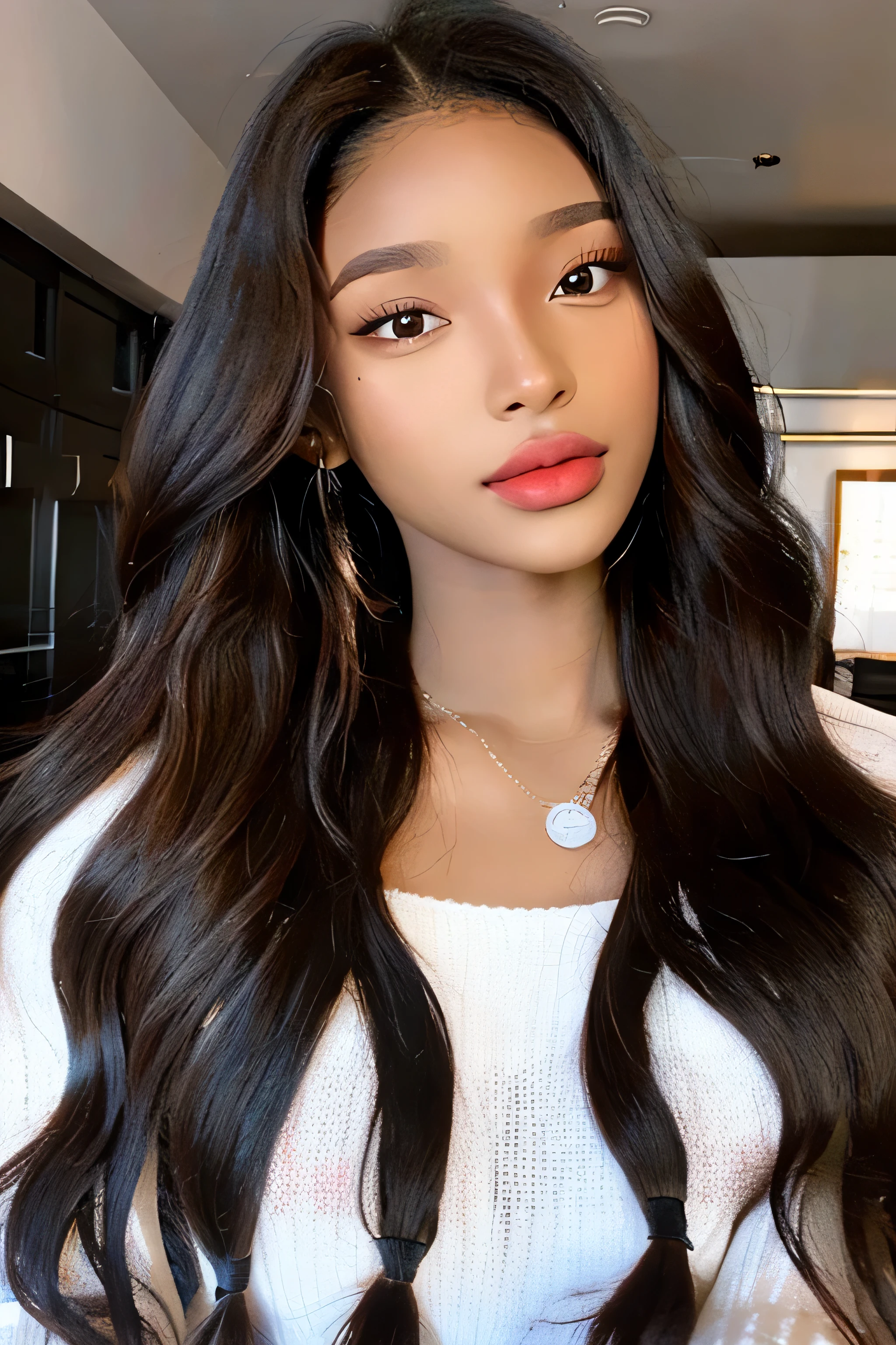 Mixed black and asian woman, best quality, long dark curly hair, brown skin