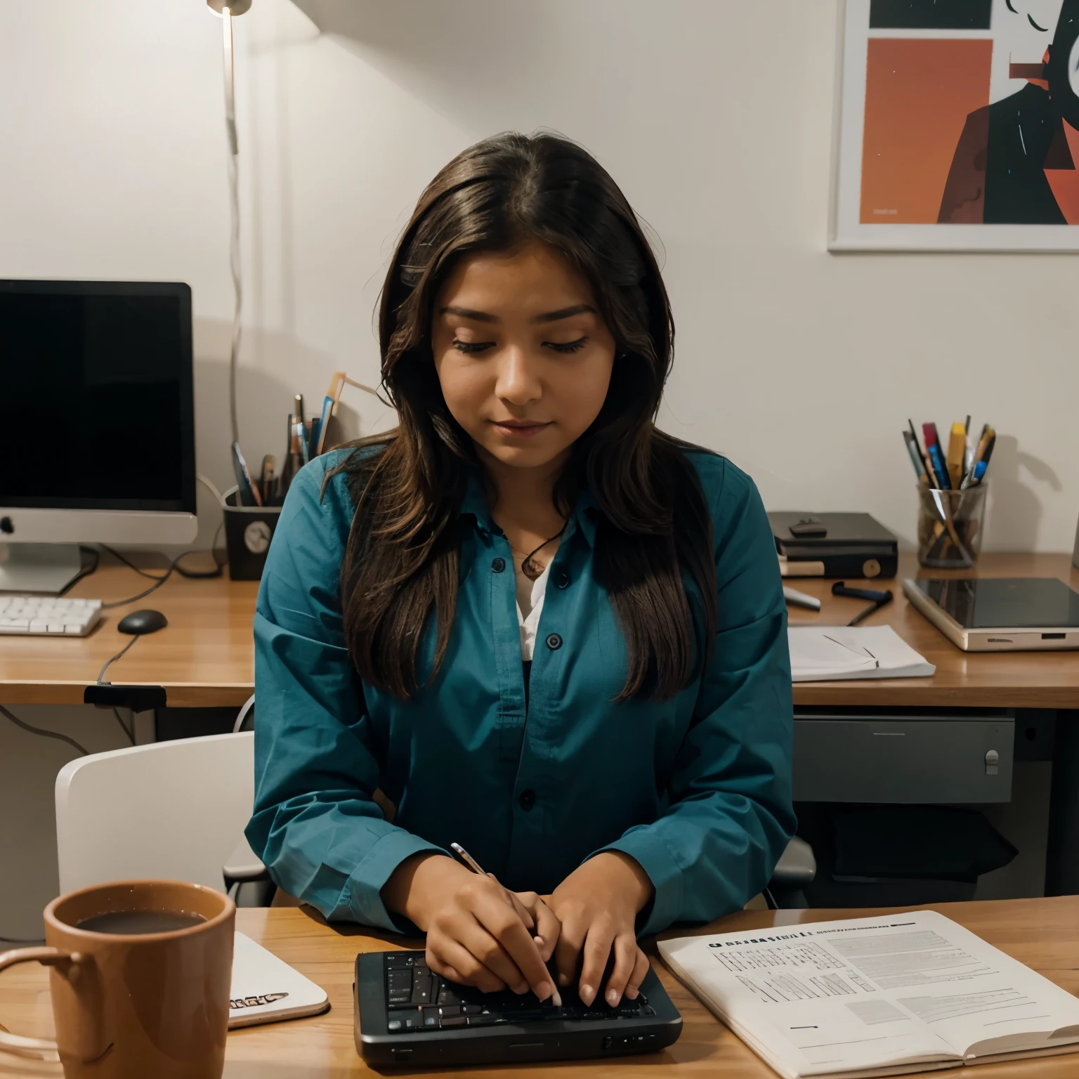 Maya sits at her desk, busy working on her laptop.)