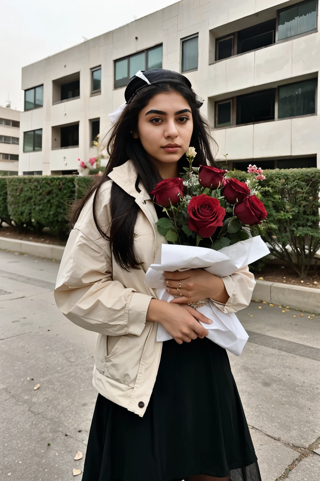 Iranian girl with black eyebrows and a bouquet of roses next to the building