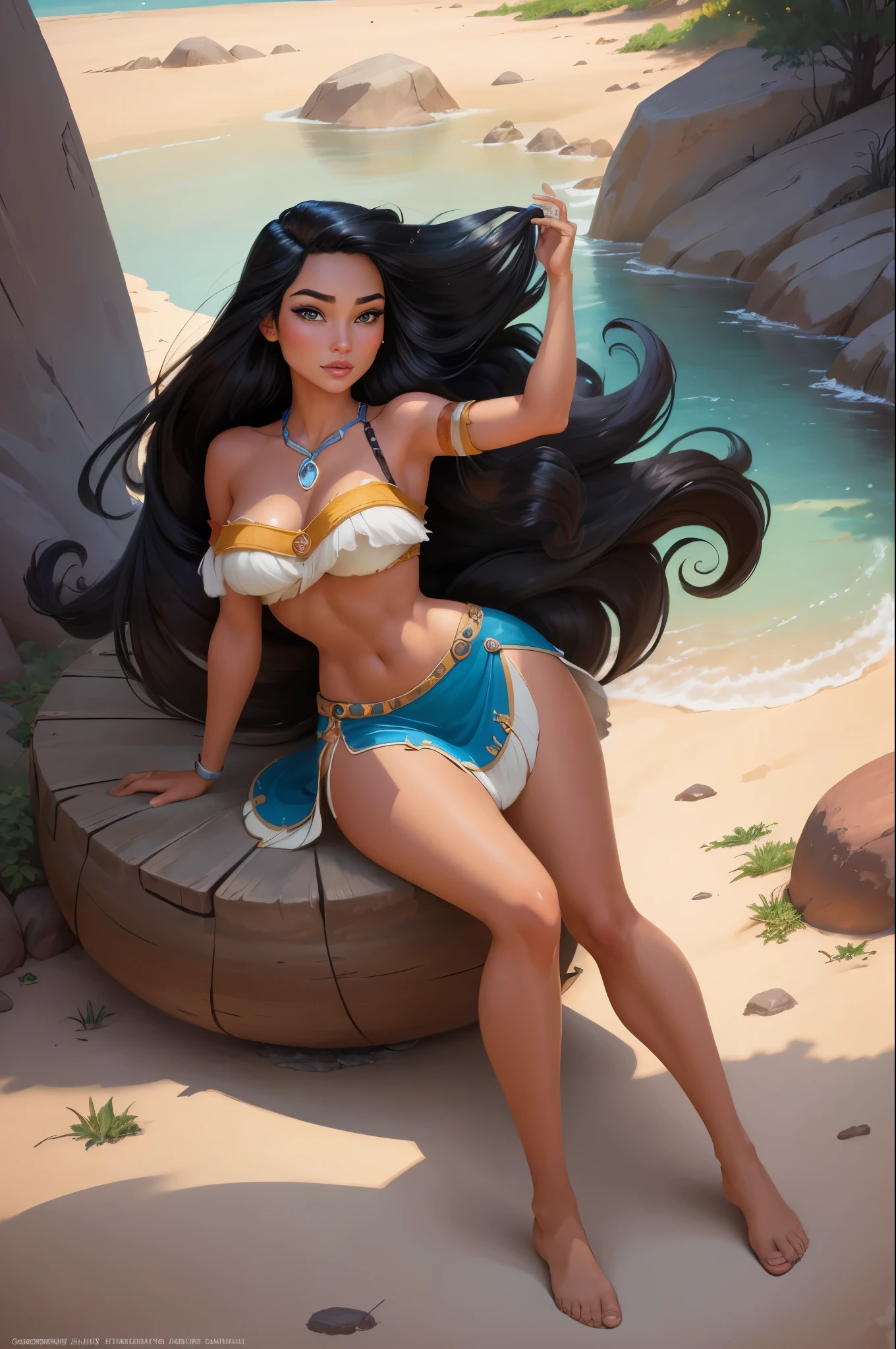 ((1 girl)), Masterpiece, (high quality, best render), (beautiful girl, Pocahontas), (bomb, pin-up style), native American, hot, floss, perfect body, 4k hd, disney princess, beautiful female princess, anime princess, hd artwork, official art, disney cartoon, beautiful princess, large breasts, sexy pose, beautiful princess, beautiful character painting, disney character, disney artist, disney art style, disney art, official art