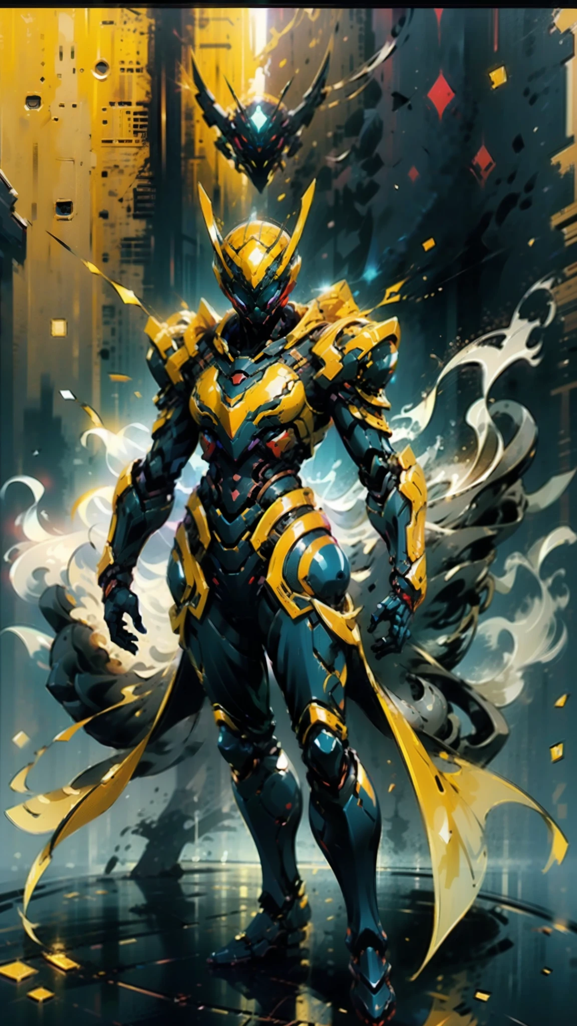 A woman adorned in fantasy-style full-body armor, a crown-concept fully enclosed helmet that unveils only her eyes, a composite layered chest plate, fully encompassing shoulder and hand guards, a lightweight waist armor, form-fitting shin guards, the overall design is heavy-duty yet flexible, (the armor gleams with a golden glow, complemented by red and blue accents), exhibiting a noble aura, she floats above a fantasy-surreal high-tech city, this character embodies a finely crafted fantasy-surreal style armored hero in anime style, exquisite and mature manga art style, (mixture of Queen bee and Spider concept Armor, plasma), ((Element, elegant, goddess, femminine:1.5)), metallic, high definition, best quality, highres, ultra-detailed, ultra-fine painting, extremely delicate, professional, anatomically correct, symmetrical face, extremely detailed eyes and face, high quality eyes, creativity, RAW photo, UHD, 32k, Natural light, cinematic lighting, masterpiece-anatomy-perfect, masterpiece:1.5