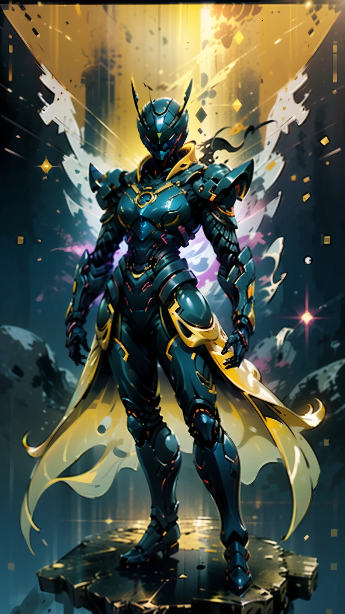 A woman adorned in fantasy-style full-body armor, a crown-concept fully enclosed helmet that unveils only her eyes, a composite layered chest plate, fully encompassing shoulder and hand guards, a lightweight waist armor, form-fitting shin guards, the overall design is heavy-duty yet flexible, (the armor gleams with a golden glow, complemented by red and blue accents), exhibiting a noble aura, she floats above a fantasy-surreal high-tech city, this character embodies a finely crafted fantasy-surreal style armored hero in anime style, exquisite and mature manga art style, (mixture of Queen bee and Spider concept Armor, plasma), ((Element, elegant, goddess, femminine:1.5)), metallic, high definition, best quality, highres, ultra-detailed, ultra-fine painting, extremely delicate, professional, anatomically correct, symmetrical face, extremely detailed eyes and face, high quality eyes, creativity, RAW photo, UHD, 32k, Natural light, cinematic lighting, masterpiece-anatomy-perfect, masterpiece:1.5