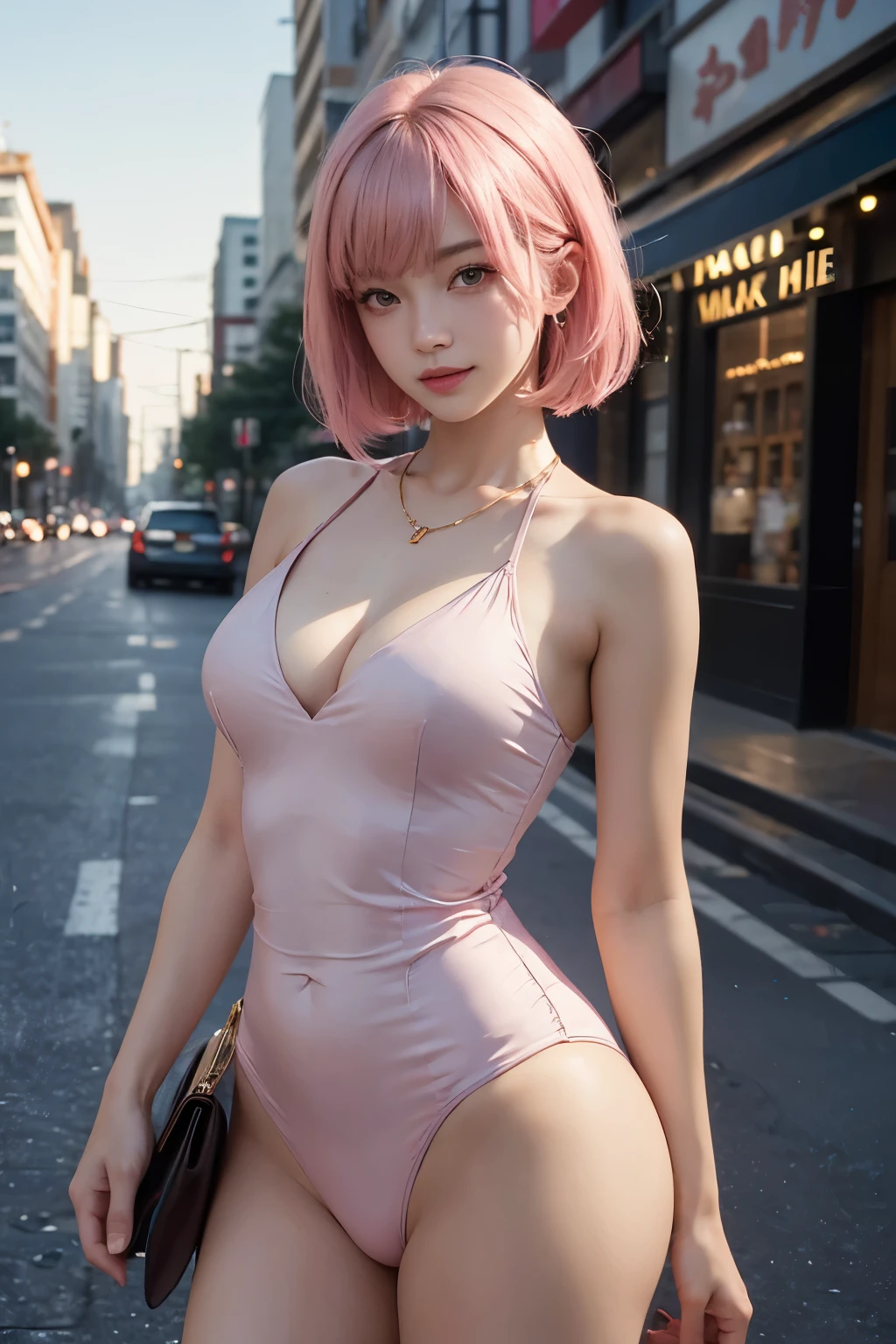 ((best quality)), ((Masterpiece)), (details), perfect face, dynamic pose, 1girl, asian, beautiful 18 years old female,((sexy dress:1)), baby pink hair, blunt bangs, perfect face, (blush:1.2), smile lips, beautiful eyes, perfect anatomy, slender, looking at a side, necklace, gold bunderwear, solo focus, low key, blurry background, city, evening, last light sky, on street, depth of field, masterpiece, best quality, highres, photorealistic, ultra face detail, best quality, high resolution, 8k, 4k, HDR, film grain, high saturation,realistic, scenery