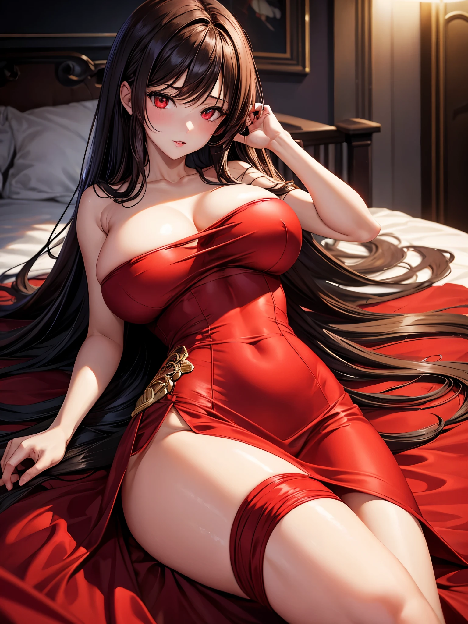 1woman, brunette long hair and red eyes, sexy body and big breast, wearing a sexy red dress, ultrasharp, looking at the viewer, ((best quality)), ((masterpiece)), (detailed),