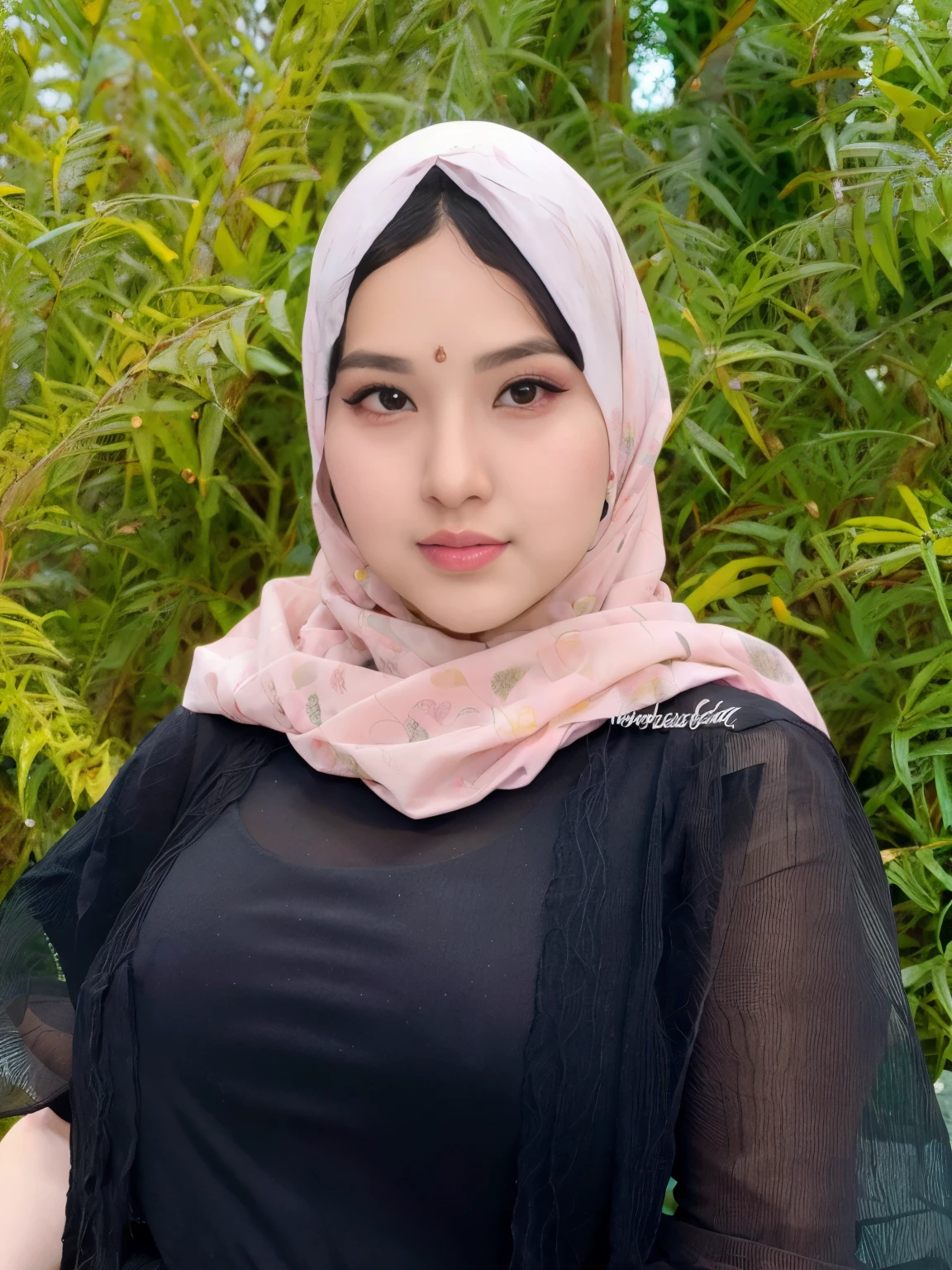 arafed woman in a sheer black shirt and a pink scarf, close up potrait, portait photo profile picture, hijab, huge , huge tits, tall, big ass, potrait, protrait, inspired by Nazmi Ziya Güran, inspired by Mym Tuma, full protrait, inspired by Naza, inspired by Ni Yuanlu, inspired by JoWOnder, with apple, ((portrait))