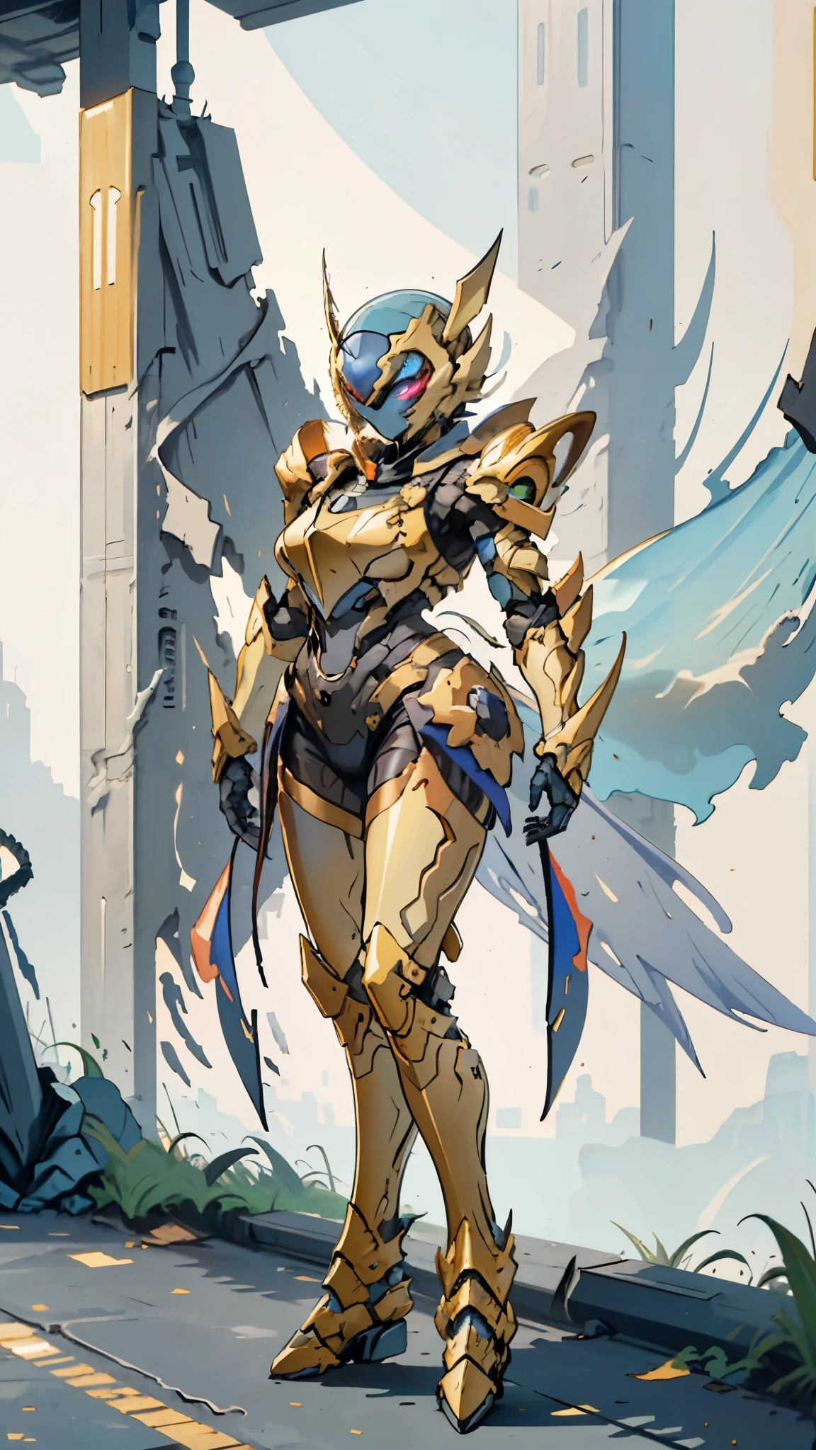 A woman adorned in fantasy-style full-body armor, a crown-concept fully enclosed helmet that unveils only her eyes, a composite layered chest plate, fully encompassing shoulder and hand guards, a lightweight waist armor, form-fitting shin guards, the overall design is heavy-duty yet flexible, (the armor gleams with a golden glow, complemented by red and blue accents), exhibiting a noble aura, she floats above a fantasy-surreal high-tech city, this character embodies a finely crafted fantasy-surreal style armored hero in anime style, exquisite and mature manga art style, (mixture of Queen bee and Spider concept Armor, plasma), ((Element, elegant, goddess, femminine:1.5)), metallic, high definition, best quality, highres, ultra-detailed, ultra-fine painting, extremely delicate, professional, anatomically correct, symmetrical face, extremely detailed eyes and face, high quality eyes, creativity, RAW photo, UHD, 32k, Natural light, cinematic lighting, masterpiece-anatomy-perfect, masterpiece:1.5