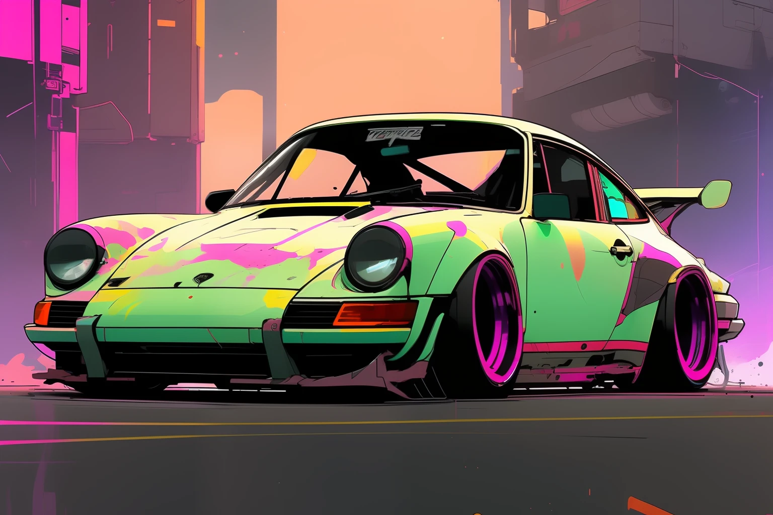 nvinkpunk, painting of Gautam city with a paint splattered colored Porsche 911 rwb rotting,wide bodykit, large wheels, slammed, air ride, high quality,