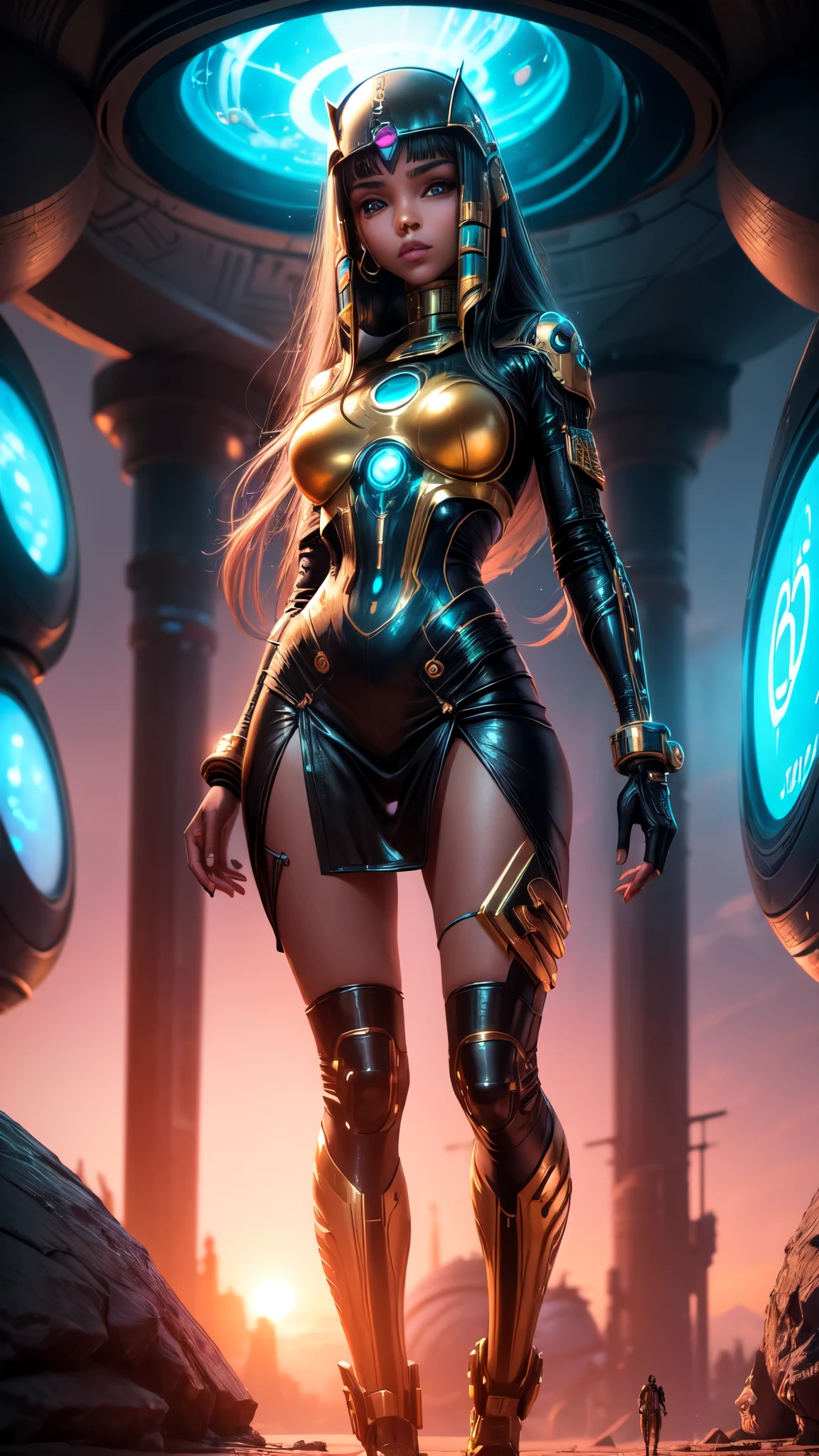 "((Futuristic girl)) immersed in Egypt Cyberstyle, a sleek blend of ancient and cyberpunk elements, standing against a backdrop of a ((fantastic planetscape)) in space, illuminated by the cyber-infused golden hour, ((science fiction masterpiece)), ((vibrant colors)), detailed composition, (best quality)
