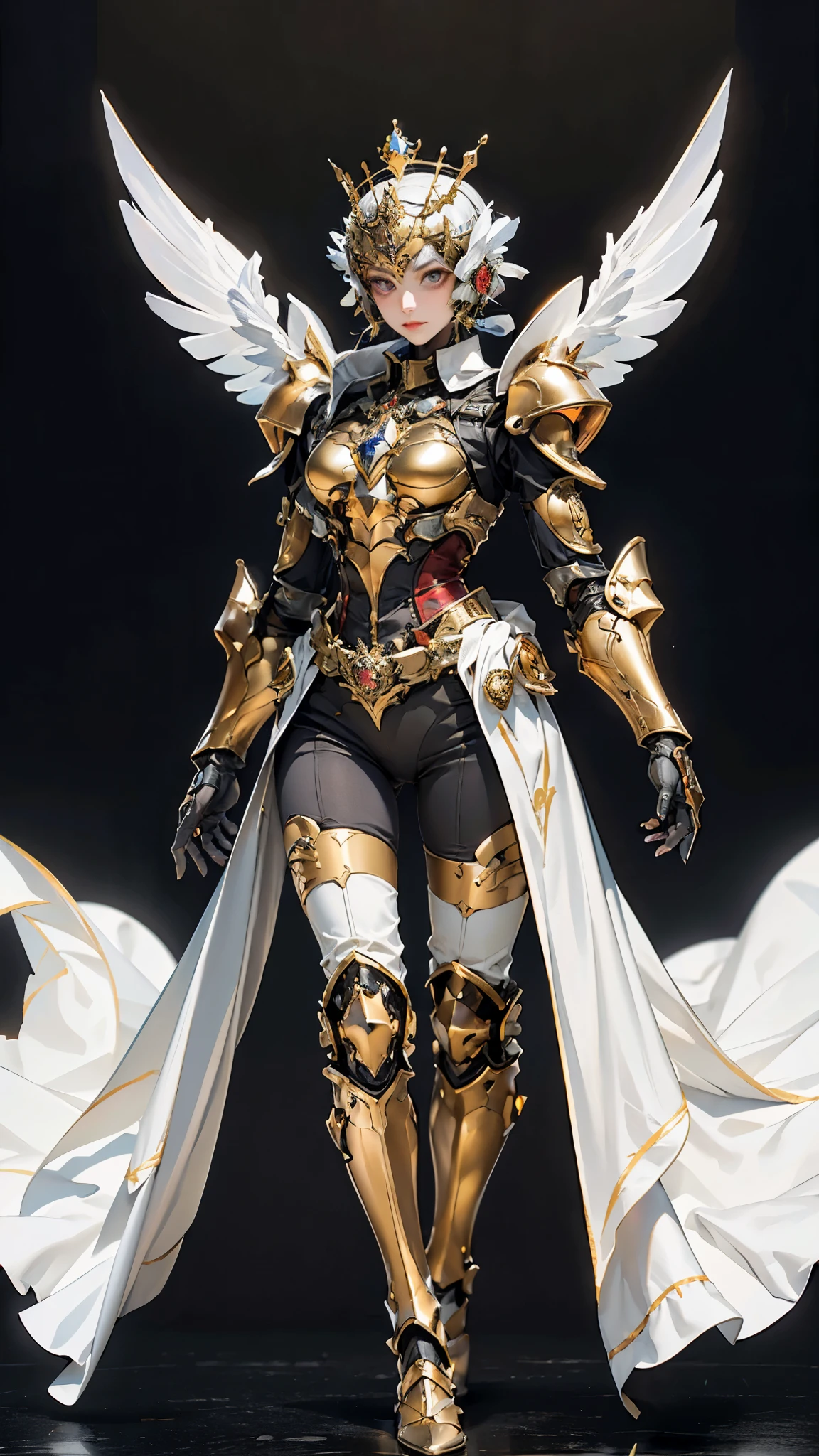 A woman adorned in fantasy-style full-body armor, a crown-concept fully enclosed helmet that unveils only her eyes, a composite layered chest plate, fully encompassing shoulder and hand guards, a lightweight waist armor, form-fitting shin guards, the overall design is heavy-duty yet flexible, (the armor gleams with a golden glow, complemented by red and blue accents), exhibiting a noble aura, she floats above a fantasy-surreal high-tech city, this character embodies a finely crafted fantasy-surreal style armored hero in anime style, exquisite and mature manga art style, (mixture of Queen bee and Spider concept Armor, plasma), ((Element, elegant, goddess, femminine:1.5)), metallic, high definition, best quality, highres, ultra-detailed, ultra-fine painting, extremely delicate, professional, anatomically correct, symmetrical face, extremely detailed eyes and face, high quality eyes, creativity, RAW photo, UHD, 32k, Natural light, cinematic lighting, masterpiece-anatomy-perfect, masterpiece:1.5