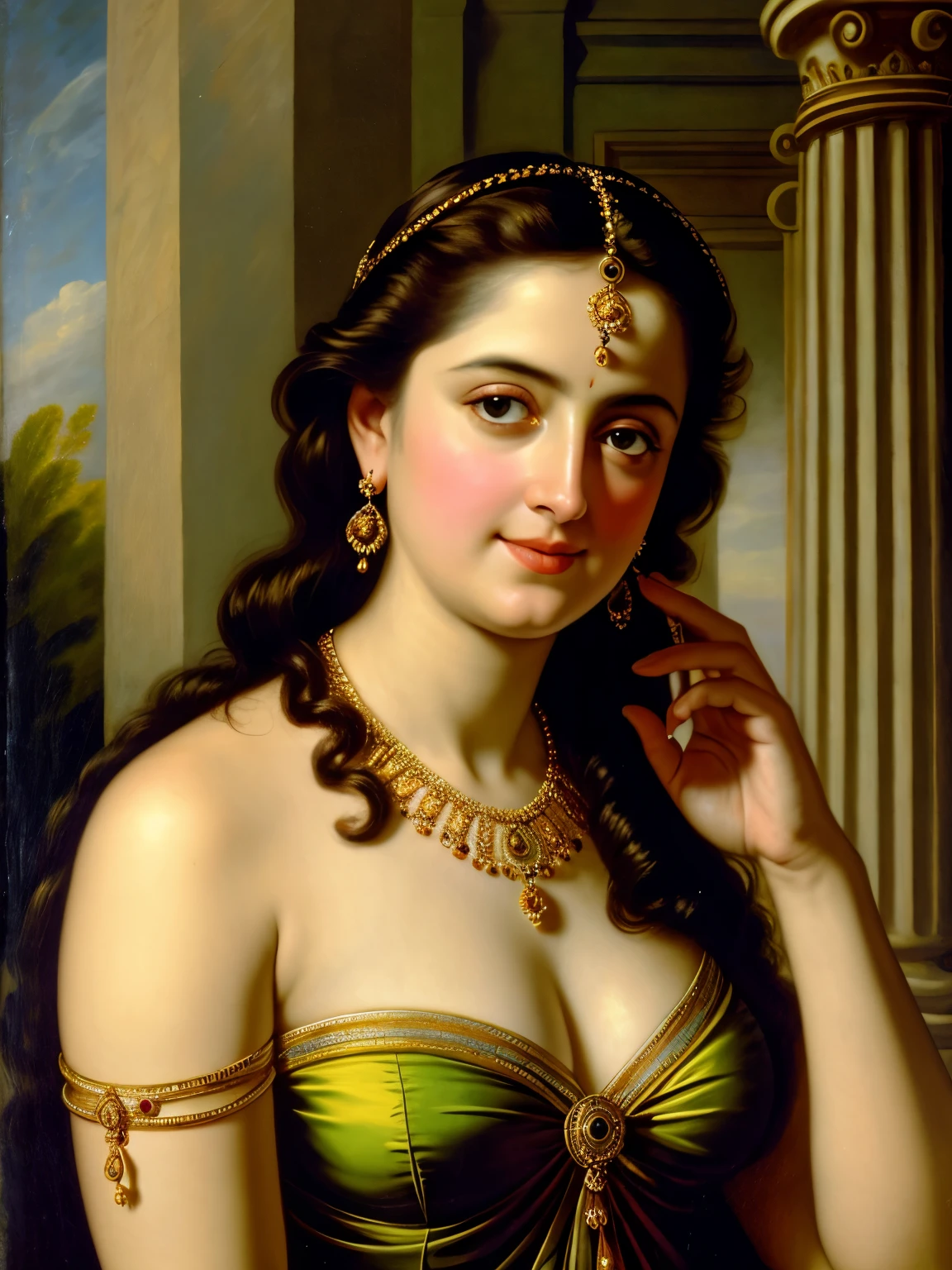 Looks like Anushka Shetty, Masterpiece, Best quality, high clarity eyes, critically flawless,sharp picture, Full portrait, High pixels, perfect face, perfect eyes, beautiful face, perfect hands,perfect fingers, in Peter Paul Rubens style, by Peter Paul Rubens, baroque style, acrylic on canvas, highly detailed, description: "Create a nymph inspired by the tales of Greek or Roman mythology, embodying the essence of a natural element or location, and possessing a unique ability or trait that sets her apart.", strapless Bra of ancient times, strapless bralette, armpits showing, 