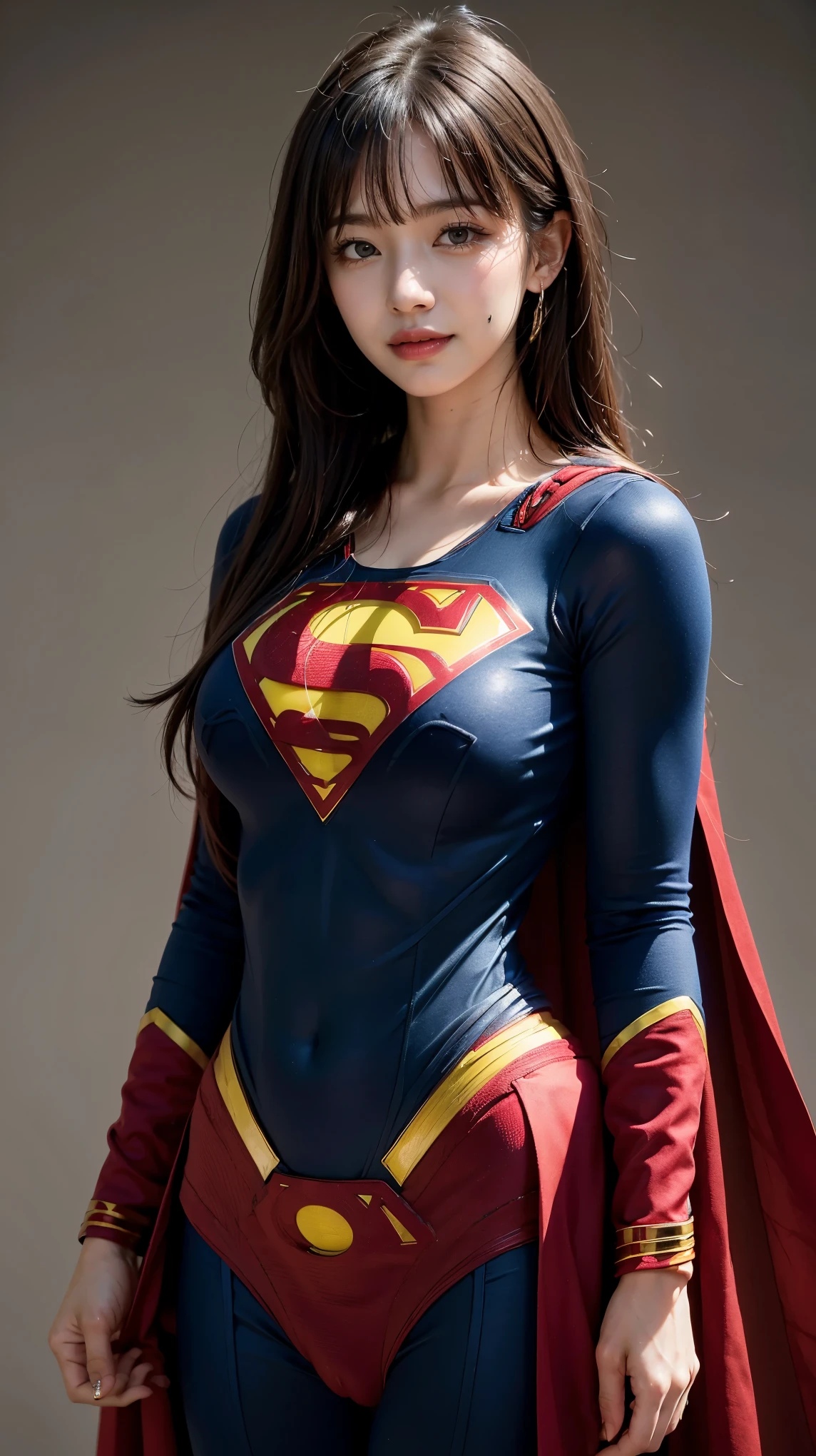 1 Girl, Very bright backlight, Solo, {beautiful-detailed eyes}, large full breasts, dark room, calm expression, Natural light and soft light, Hair fluttering in the breeze, delicate facial features, Blunt bangs, beautiful Korean girl, Eye Smile, Very small earrings,long cloak,(Wearing superman suit :1.3) ,23 years old, film grain, Real hands,shy smile,sexy poses,ultra detail,detail, more detail