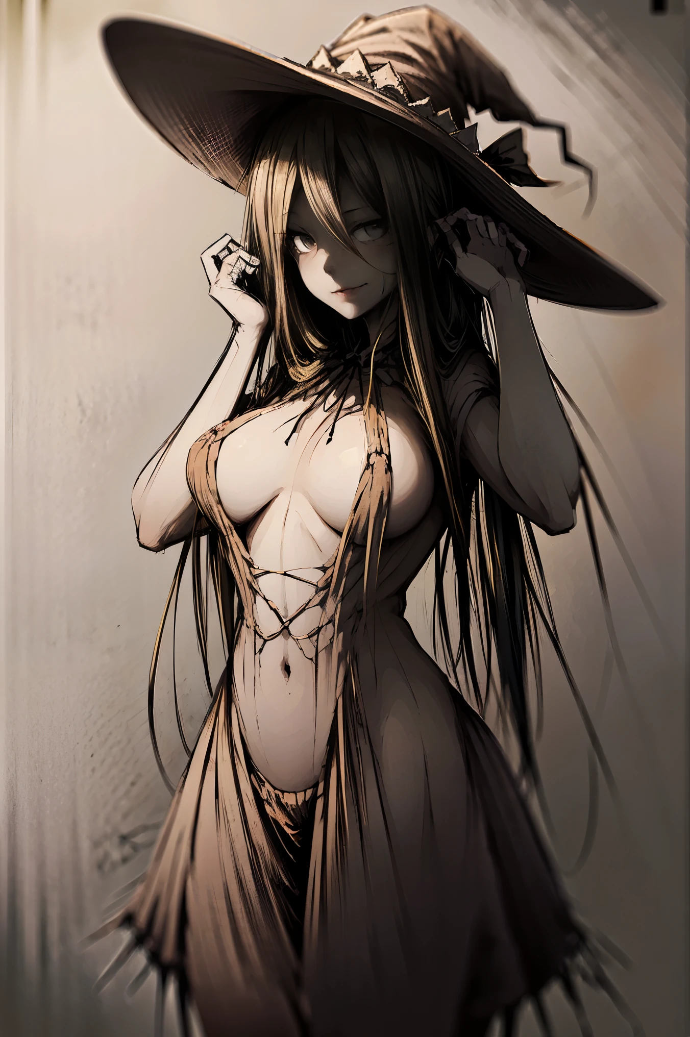 Spooky female scarecrow, made of straw, wearing an old spooky top hat. Arms raised,sexy body,big breasts ،Hay hair