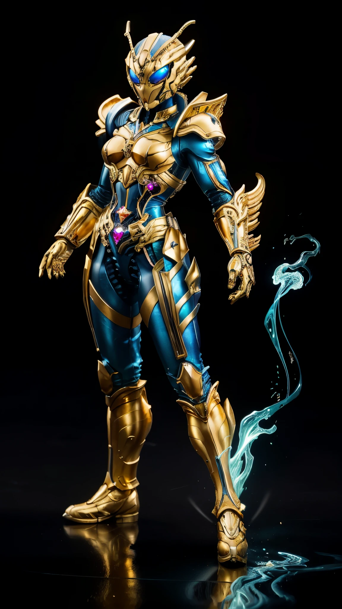 A woman adorned in fantasy-style full-body armor, a crown-concept fully enclosed helmet that unveils only her eyes, a composite layered chest plate, fully encompassing shoulder and hand guards, a lightweight waist armor, form-fitting shin guards, the overall design is heavy-duty yet flexible, (the armor gleams with a golden glow, complemented by red and blue accents), exhibiting a noble aura, she floats above a fantasy-surreal high-tech city, this character embodies a finely crafted fantasy-surreal style armored hero in anime style, exquisite and mature manga art style, (mixture of Queen bee and Spider concept Armor, plasma), ((Element, elegant, goddess, femminine:1.5)), metallic, high definition, best quality, highres, ultra-detailed, ultra-fine painting, extremely delicate, professional, anatomically correct, symmetrical face, extremely detailed eyes and face, high quality eyes, creativity, RAW photo, UHD, 32k, Natural light, cinematic lighting, masterpiece-anatomy-perfect, masterpiece:1.5