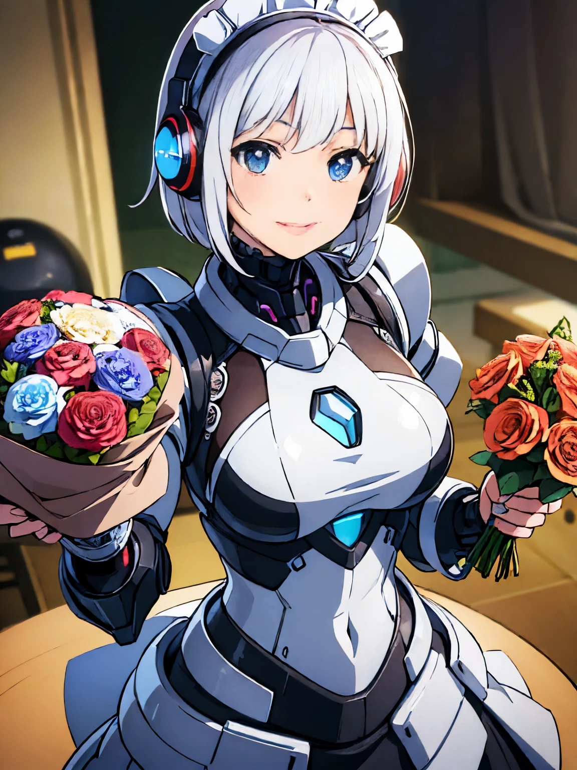 (((1 female:1.8)))、(((full body description)))、(((Standing picture)))、(((Level 9)))、Beautiful woman in moe pose in futuristic white shiny heavy armored robot suit、perfect android girl, gynoid cyborg body, perfect anime cyborg woman, beautiful female android!, female robot, fully robotized!! girl, Cute cyborg girl, cyber suit, メカサイバーアーマーを着たgirl, cyber suit, beutiful white girl cyborg, beautiful female android, Beautiful girl cyborg、Cute robot woman with white silver short bob hair、Gravure model android beautiful girl、(bright smile:1.3)、(((Headphones with long sensor antennas in both ears)))、(robot girl)、(((美しいgirlアンドロイド)))、(((重装甲メイド服を着たgirl)))、(((White heavy armored robot girl in maid clothes)))、(((White heavy armored robot beautiful girl in miniskirt and maid clothes)))、(((Beautiful girl in white heavy armored maid robot)))、(((Cyborg Maid Beautiful Girl)))、(((Robot beautiful girl wearing white shiny heavy armored maid clothes)))、(((waitress)))、(((own a bouquet:1.3))) ,proper body proportions,table top,Super high quality output image,High resolution,intricate details,very delicate and beautiful hair,(Photoreal:1.3)realistic pictures,dream-like,professional lighting,realistic shadow,focus only,well-groomed face,Big eyes,beautiful hands,beautiful fingers,Detailed functions of fingers,Detailed features of the wear,Detailed characteristics of hair,detailed facial features,(anime illustration)