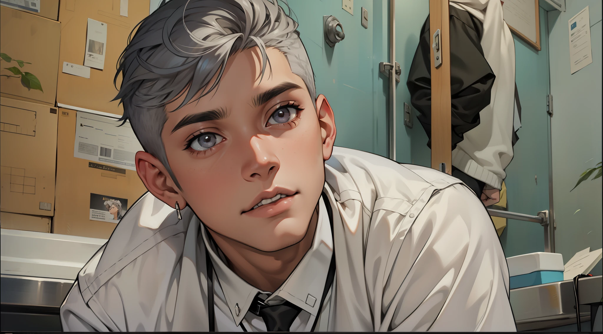 There are two boys, beautiful young man of 18 years old, silver hair and gray eyes.. hace diferentes expresiones, esta asombrado esta disgustado esta enojado y esta sientiendo miedo