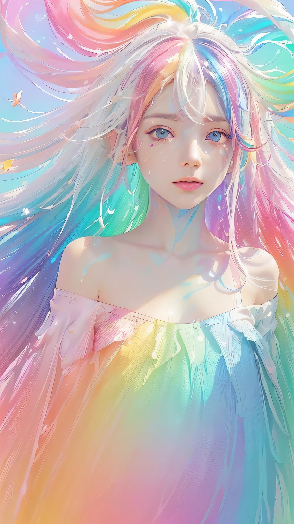 （Pink Fashion T-shirt，(Colorful hair:, (all the colours of the rainbow: 1.8),(((((vertical painting：))), （painting：），front, comics, illustrations, paintings, large eyes, crystal clear eyes,（ rainbow color gradient high ponytail：）, exquisite makeup, closed mouth,(Small Fresh: 1.5),(Wipe Chest:) ，long eyelashes, white off shoulder T-shirt,  White Shoulder Shirt，looking at the audience, large watery eyes, (rainbow colored hair：), color splash, （solo：1.8）, color splash, color explosion, thick paint style, messy lines, ((shining))，(colorful), (colorful), (colorful), colorful, Thick Paint Style, (Splash) (Color Splash), Vertical Painting, Upper Body, Paint Splash, Acrylic Pigment, Gradient, Paint, Highest Image Quality, Highest Quality, Masterpiece, Solo, Depth of Field, Face Paint,  colorful clothes, (Elegant: 1.2), gorgeous,long hair, wind, (Elegant: 1.3), (Petals: 1.4)，(((masterpiece))),(((best quality))),((ultra-detailed)),(illustration),(dynamic angle),((floating)),(paint),((disheveled hair)),(solo),(1girl) , (((detailed anima face))),((beautiful detailed face)),collar,bare shoulders,white hair, ((colorful hair)),((streaked hair)),beautiful detailed eyes,(Gradient color eyes),(((colorful eyes))),(((colorful background))),(((high saturation))),(((surrounded by colorful splashes))),