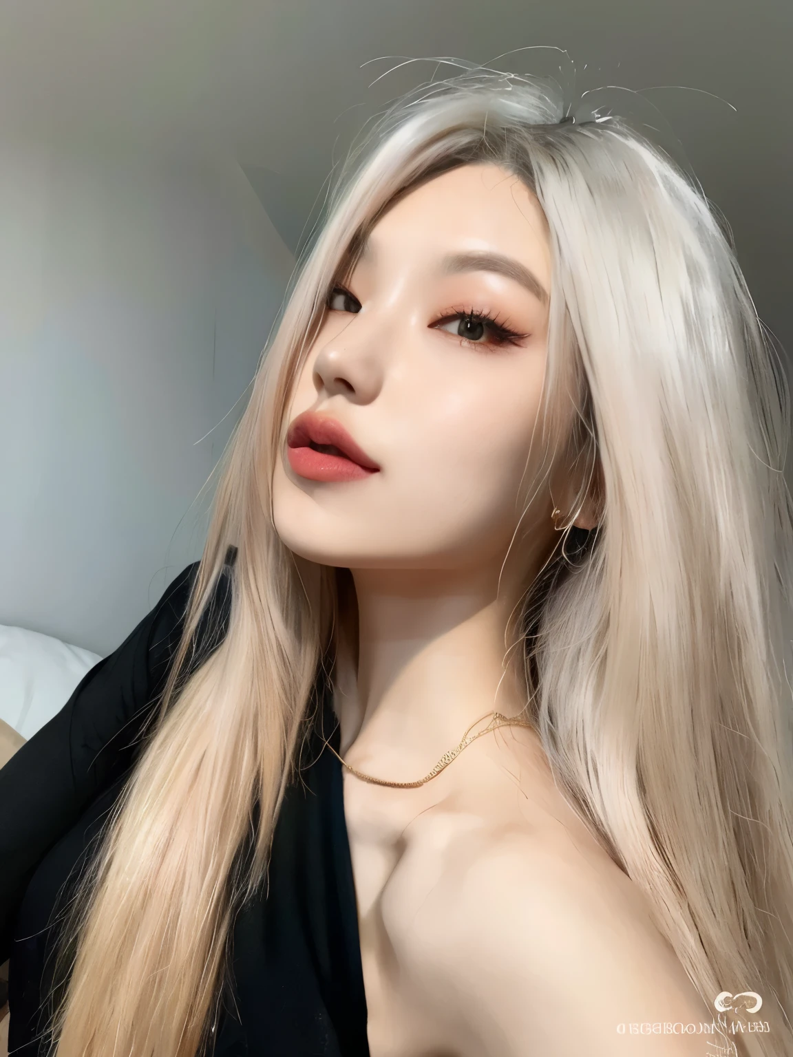  loira com cabelo longo e vestido preto posando para uma foto, maquiagem sul-coreana popular, Hwang Yeji, cabelo loiro extremamente claro, ava max, com cabelos longos brancos, maquiagem coreana popular, pale porcelain white skin, Ulzzang, com longos cabelos brancos, Mulher sul-coreana bonita, cabelo loiro muito claro,  coreana, pale and glowing skin, Hwang Yeji