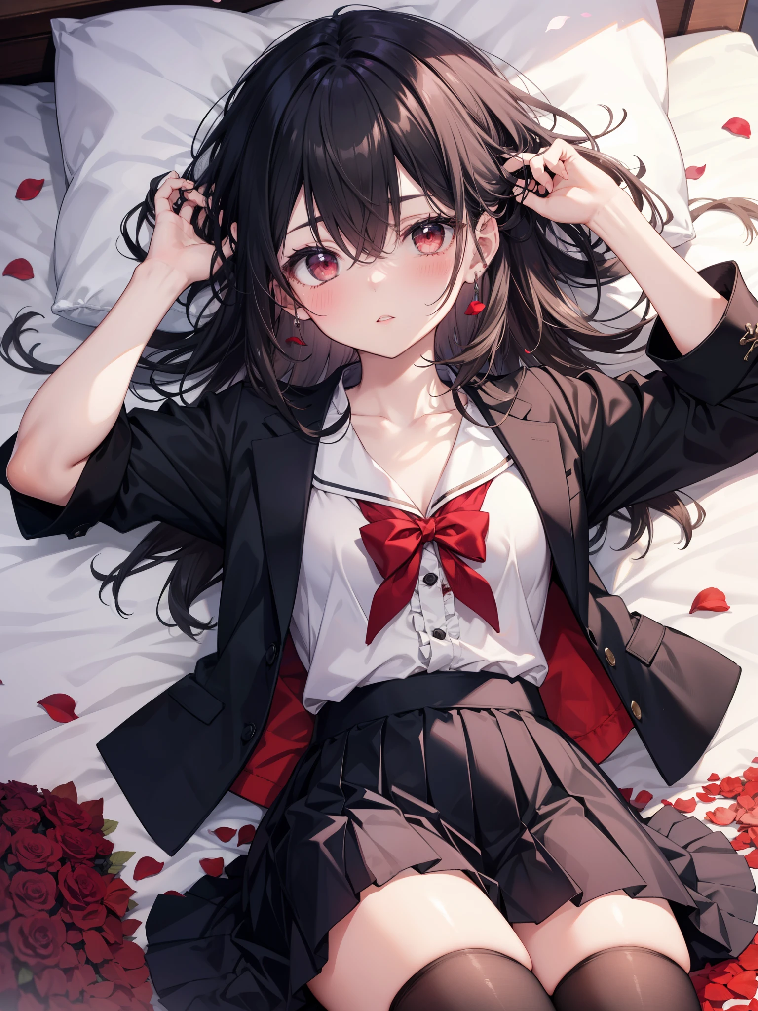 pillow, red_eyes, blood, 1girl, black_hair, rating:safe, lying, laying on bed, long_hair, solo, blood_on_face, looking_at_viewer, dress, short_sleeves, petals, school_uniform, on_back, frills, bangs, black_jacket, blush, parted_lips, hair_between_eyes, eyebrows_visible_through_hair, rose_petals, skirt, jacket, black_dress, collarbone, kneehighs, bow