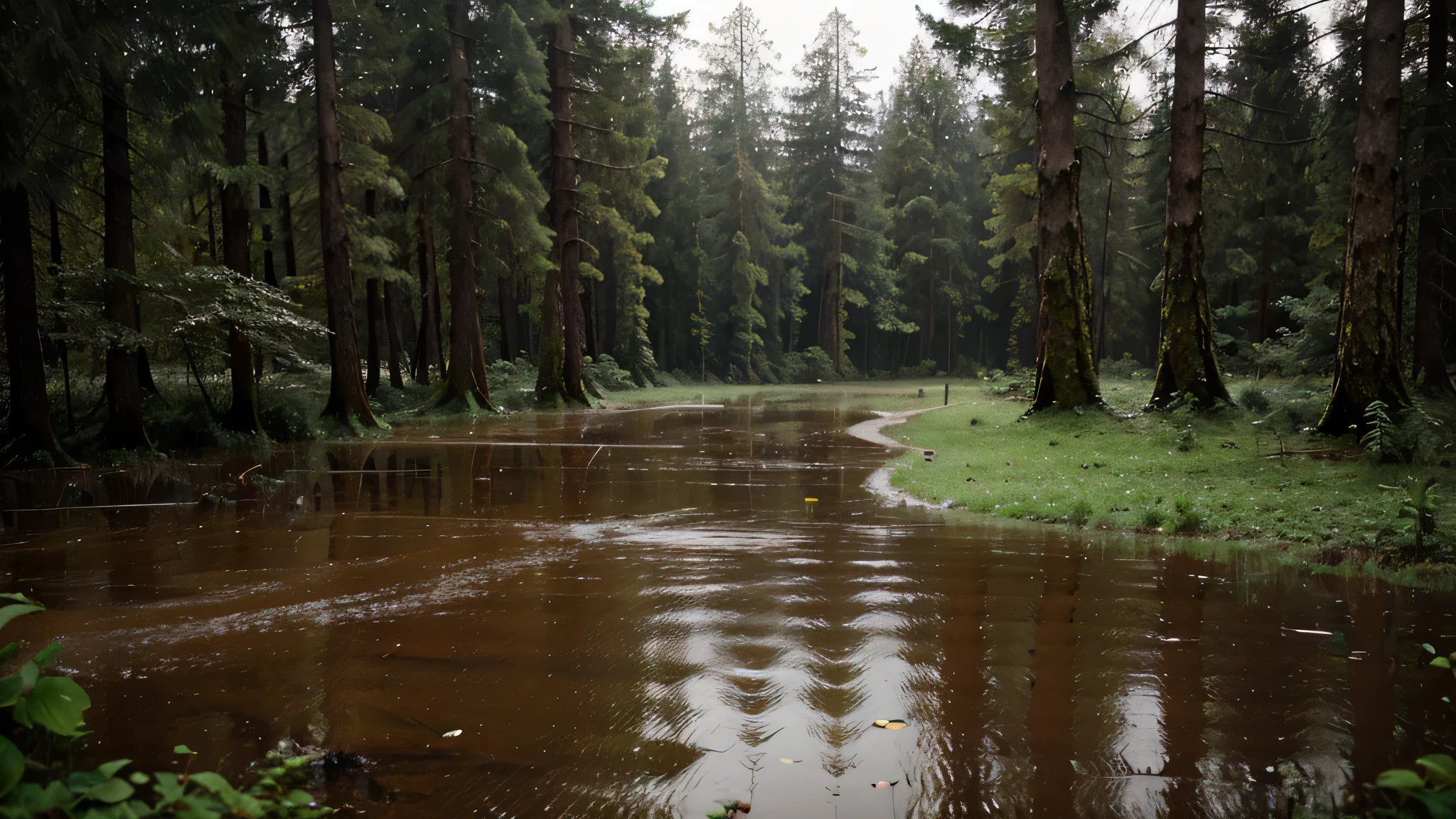 rainy day, forest, wet ground, ealistic