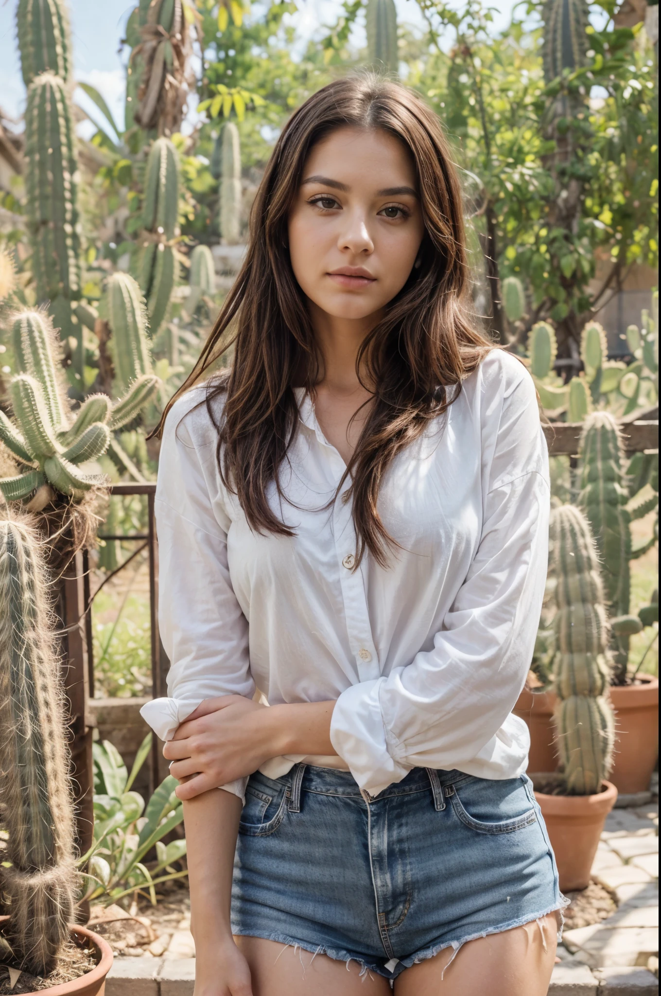 one beautiful woman, oval face, senseful lips, closed mouth, big brown eyes, 30 years old, slim sporty body, middle size breast, in mexico, behind her many cactus plants, sunny, deep blue sky 3/4 body, slightly side view, wears jeans and rancho shirt, clothes are whole and consitant, no text, sunny weather, backgorund blurred, sefie shot, cinematic lighting, motion blur, film grain, very detailed, 30 years, natural wave hair, dark brown eyes, high-res, masterpiece, best quality, intricate details, highly detailed, sharp focus, detailed skin, realistic skin texture, texture, detailed eyes, professional, 4k, 85mm, shallow depth of field, kodak color vision, perfect fit body, extremely detailed, photo_\(ultra\), photorealistic, realistic, post-processing, maximum detail, roughness, real life, ultra realistic, photorealism, photography, 8k uhd, photography (grain of film) medium shot for closeup shot, longer slimer face, perfect face, no hands are visible, long beautiful hair, dark brown hair, perfect face, charming deep eyes, flirty eyes, long hair, round heaps, (dark brown hair):2.5