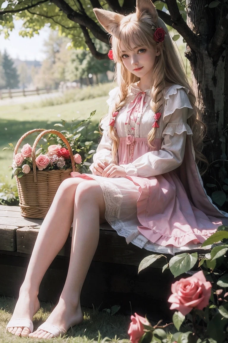 little red riding hood \(grimm\), flower, blonde hair,floating hair,light eyes, butterfly, rose, rabbit, bug, pink rose, bird, long hair, sitting, french text, hood, english text, basket, wolf, multiple girls, tree, 1girl, smile, dress, food, pink flower, white stockings bare feet